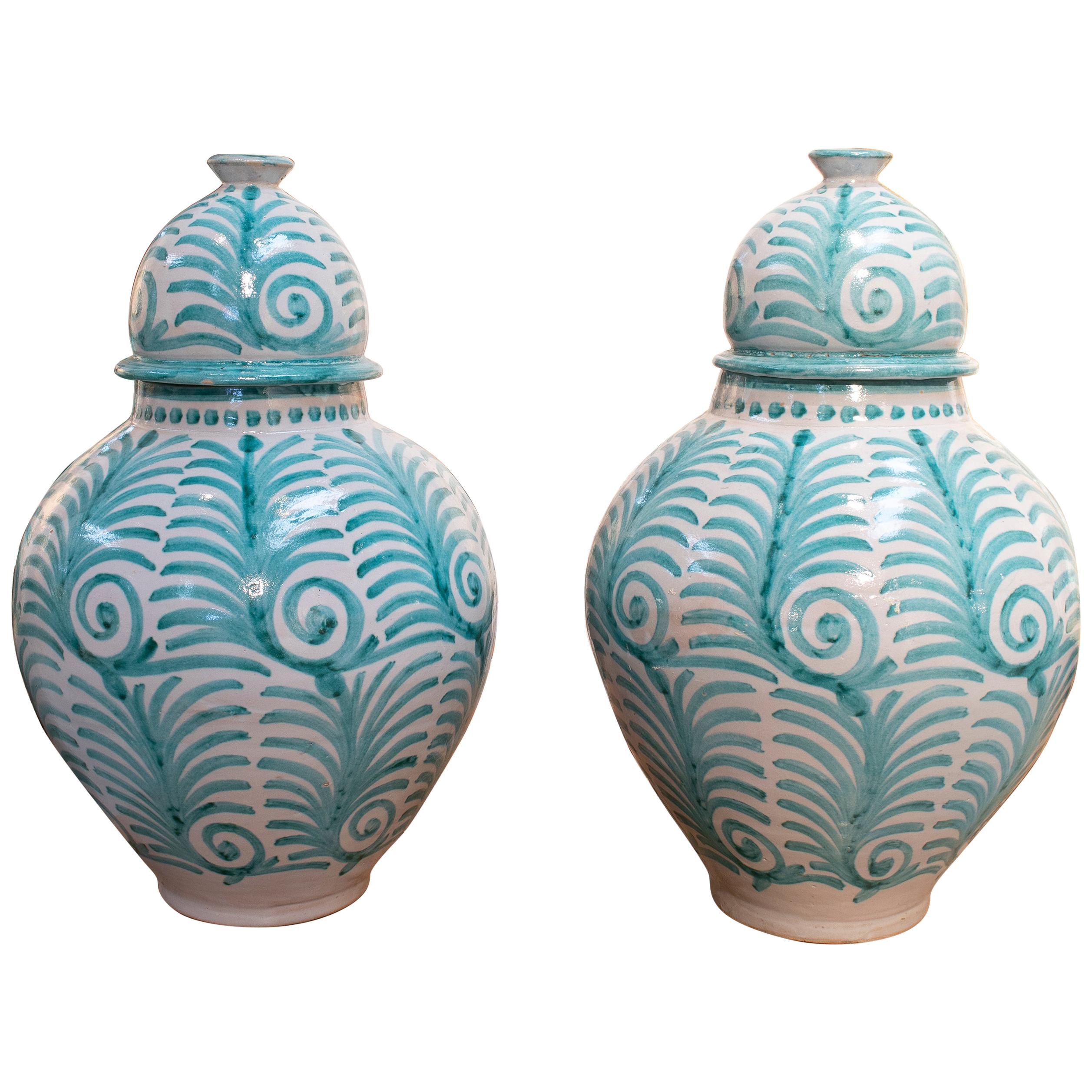 Contemporary Pair of Hand Painted Glazed Terracotta Vases with Lids