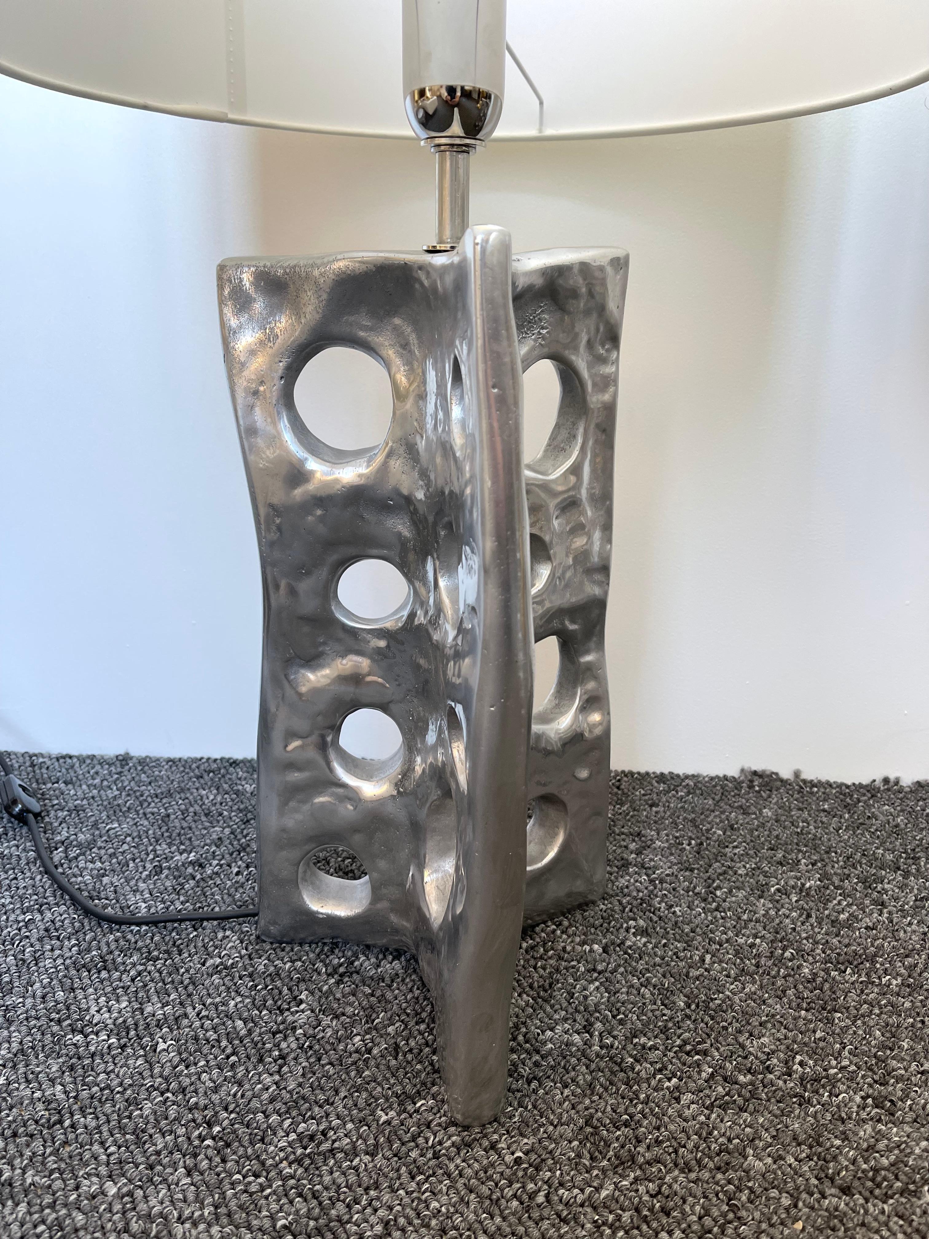 Brutalist Contemporary Pair of Holey Cast Silver Metal Lamps, Italy For Sale