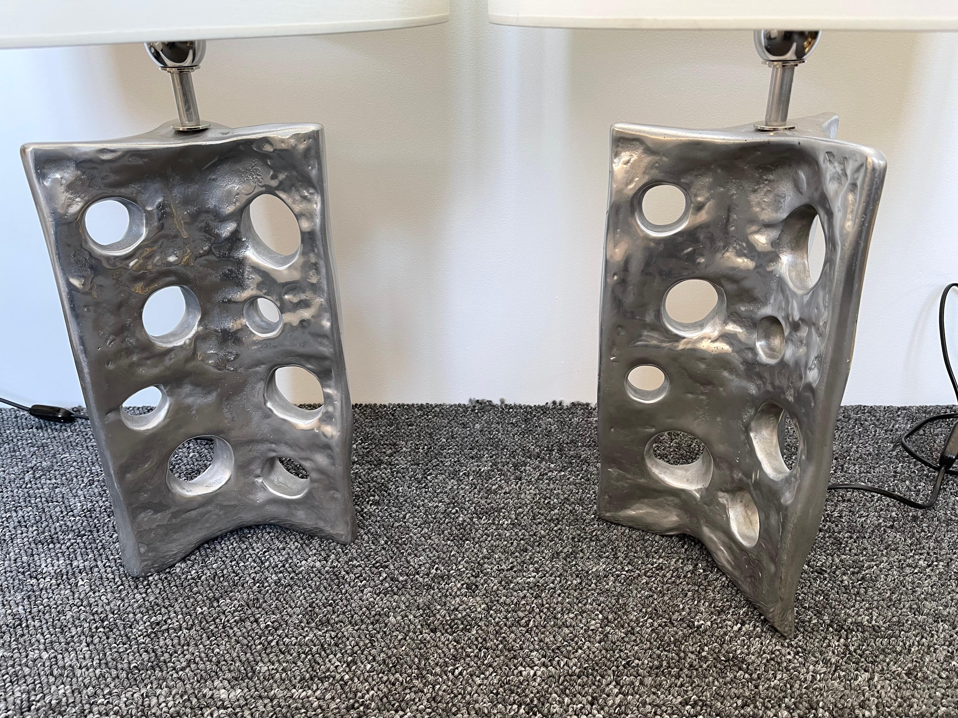 Italian Contemporary Pair of Holey Cast Silver Metal Lamps, Italy For Sale