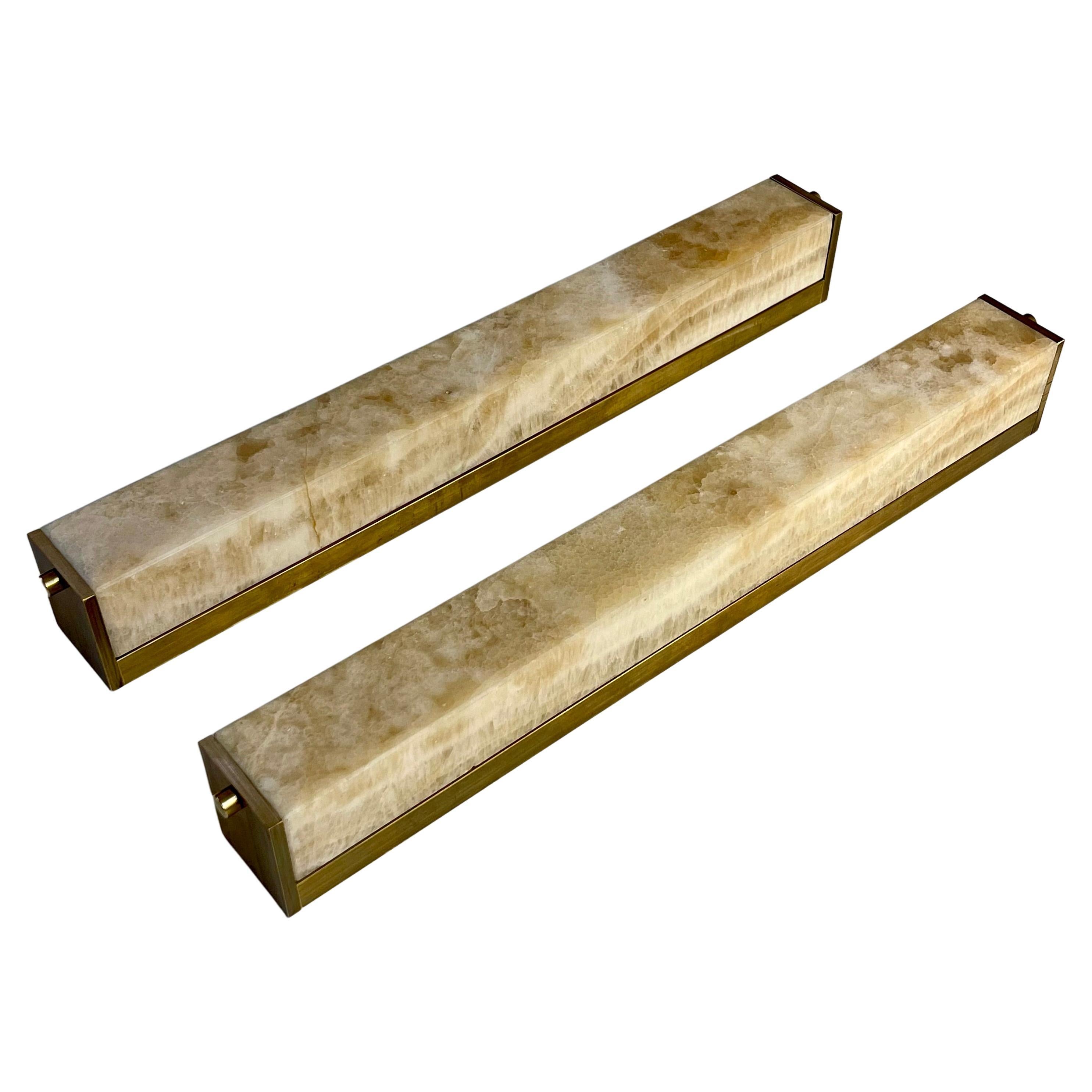 Contemporary Pair of Italian Alabaster & Brass Long Squared Sconces