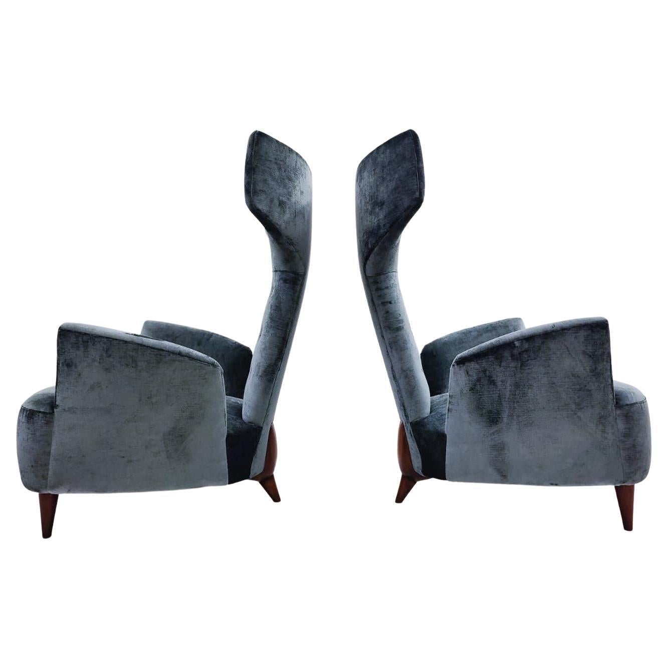 Contemporary Pair of Italian Armchairs, Renzo Zavanella Reissue, Wood and Velvet