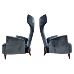 Contemporary Pair of Italian Armchairs, Renzo Zavanella Reissue, Wood and Velvet