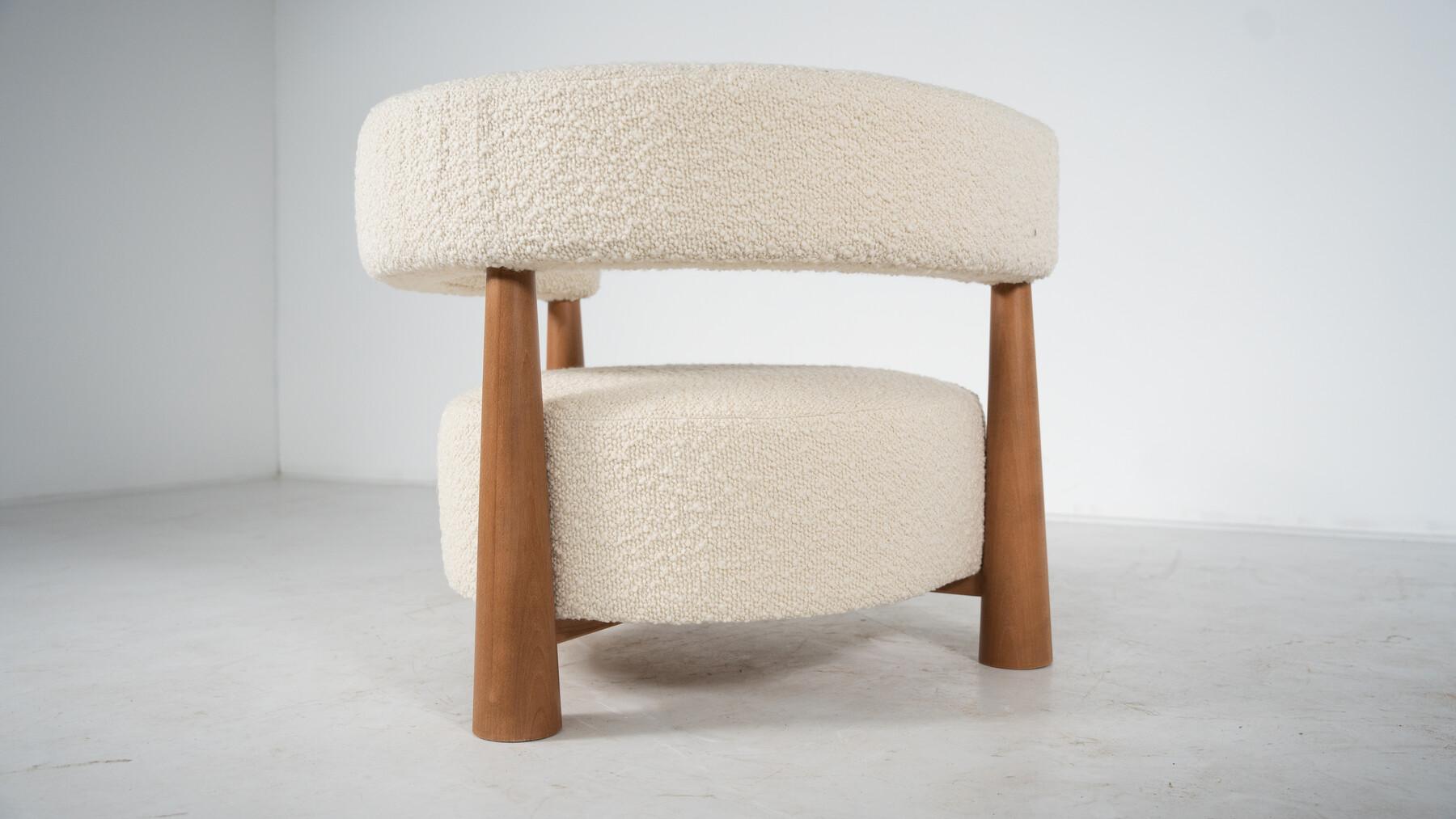 Contemporary Pair of Italian Armchairs, Wood and White Boucle Fabric For Sale 11