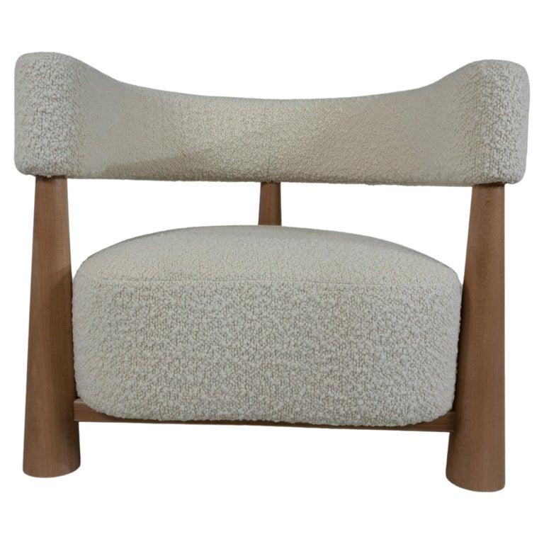 Modern Contemporary Pair of Italian Armchairs, Wood and White Boucle Fabric For Sale