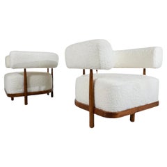 Contemporary Pair of Italian Armchairs, Wood and White Boucle Fabric