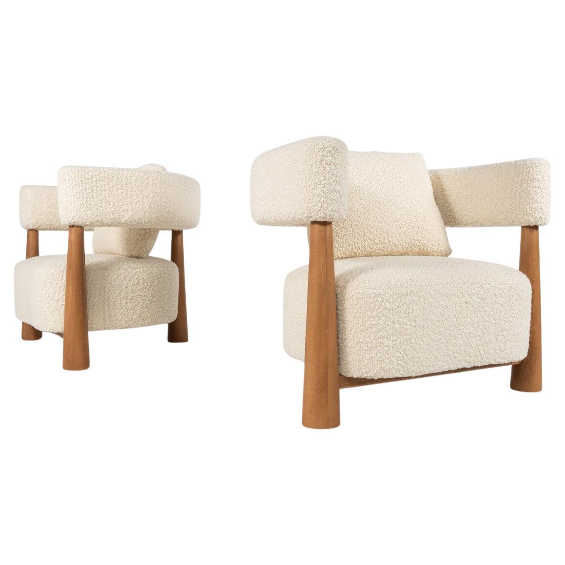 Contemporary Pair of Italian Armchairs, Wood and White Boucle Fabric For Sale