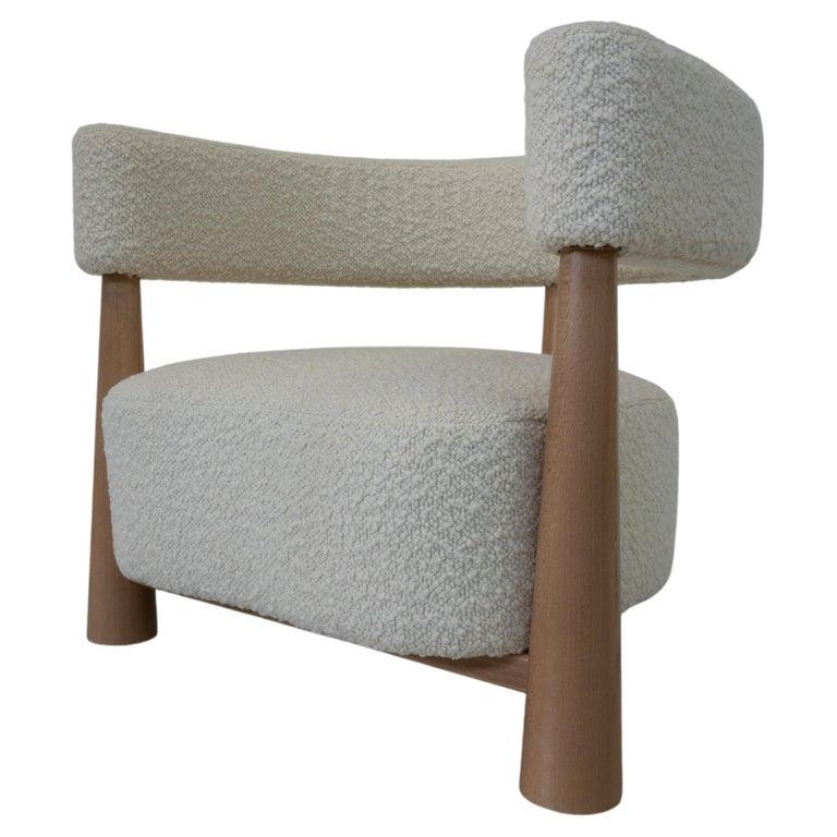 Fabric Contemporary Pair of Italian Armchairs, Wood and White Boucle 