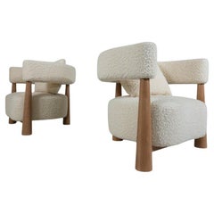 Contemporary Pair of Italian Armchairs, Wood and White Boucle 