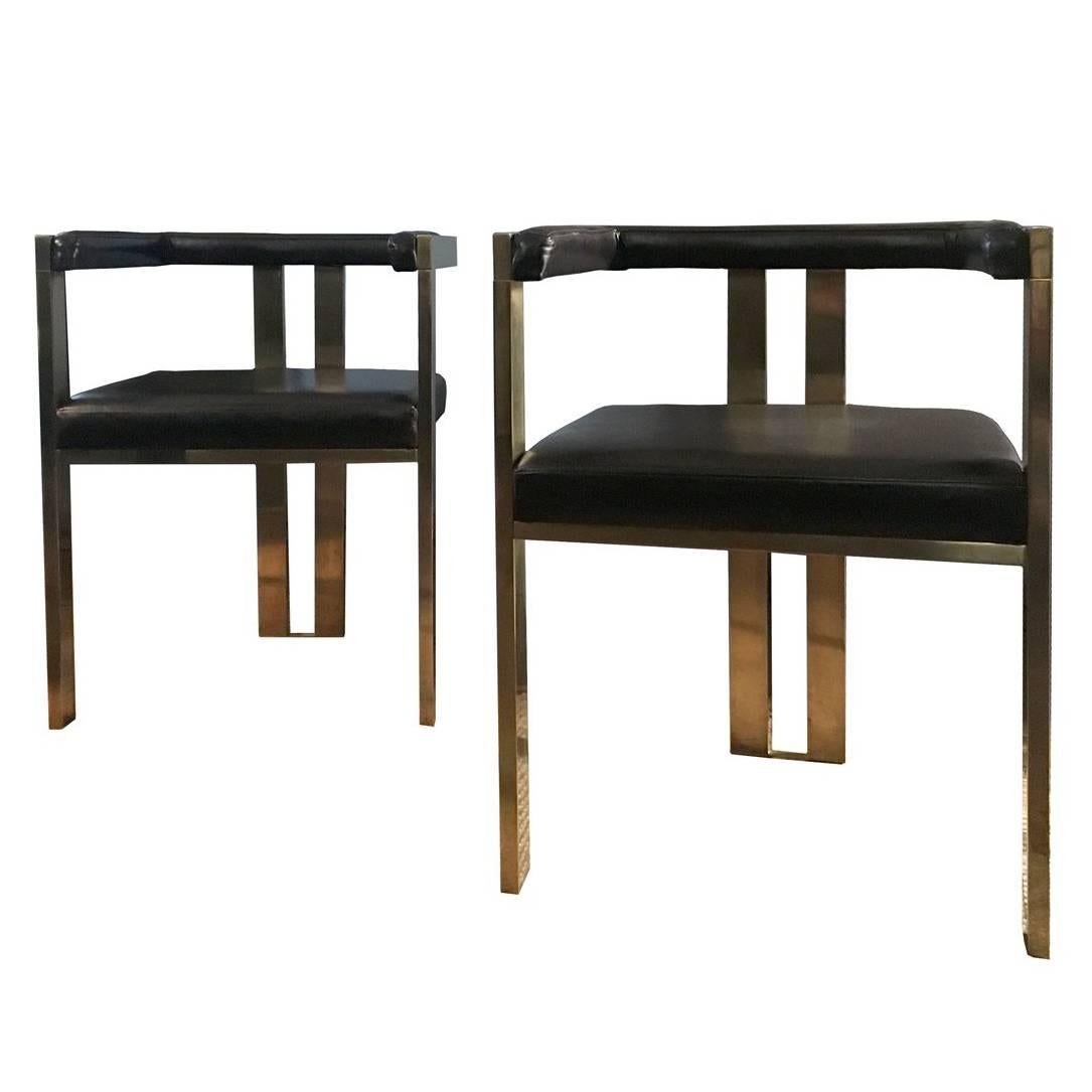Italy Pair of Italian Brass and Brown Leather Dining Chairs in Modern Style