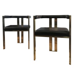 Italy Pair of Italian Brass and Brown Leather Dining Chairs in Modern Style Italy Pair of Italian Brass and Brown Leather Dining Chairs in Modern Style