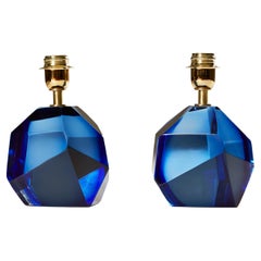 Pareja contemporánea de lámparas de sobremesa italianas de Murano de roca egipcia azul