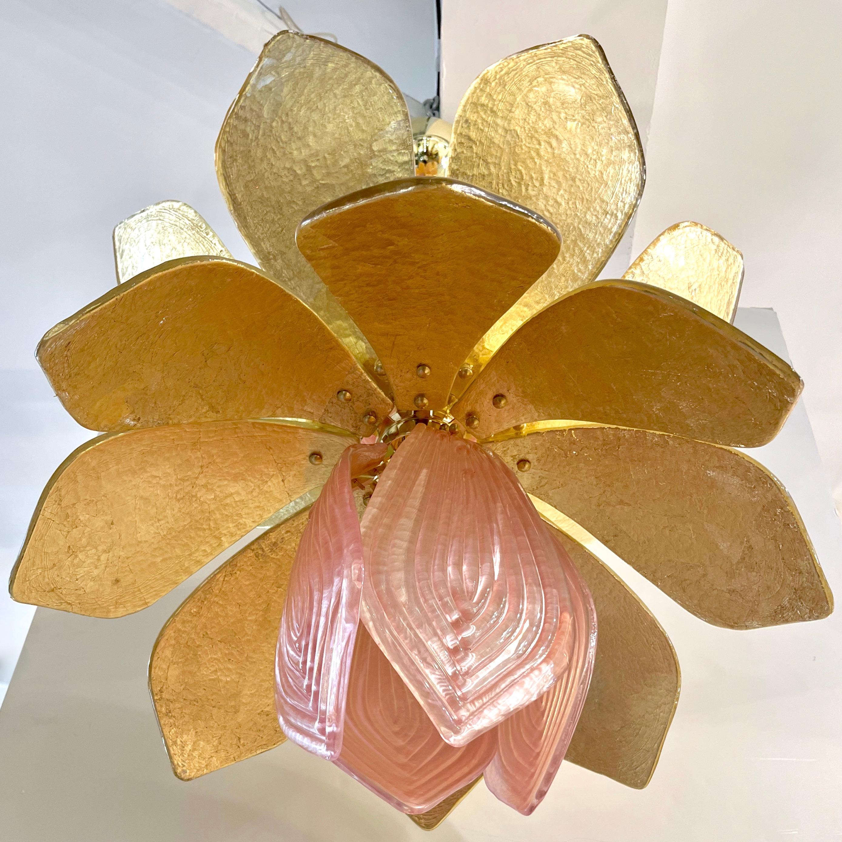 Contemporary Pair of Italian Pink Gold Murano Glass Brass Flower Chandeliers For Sale 10