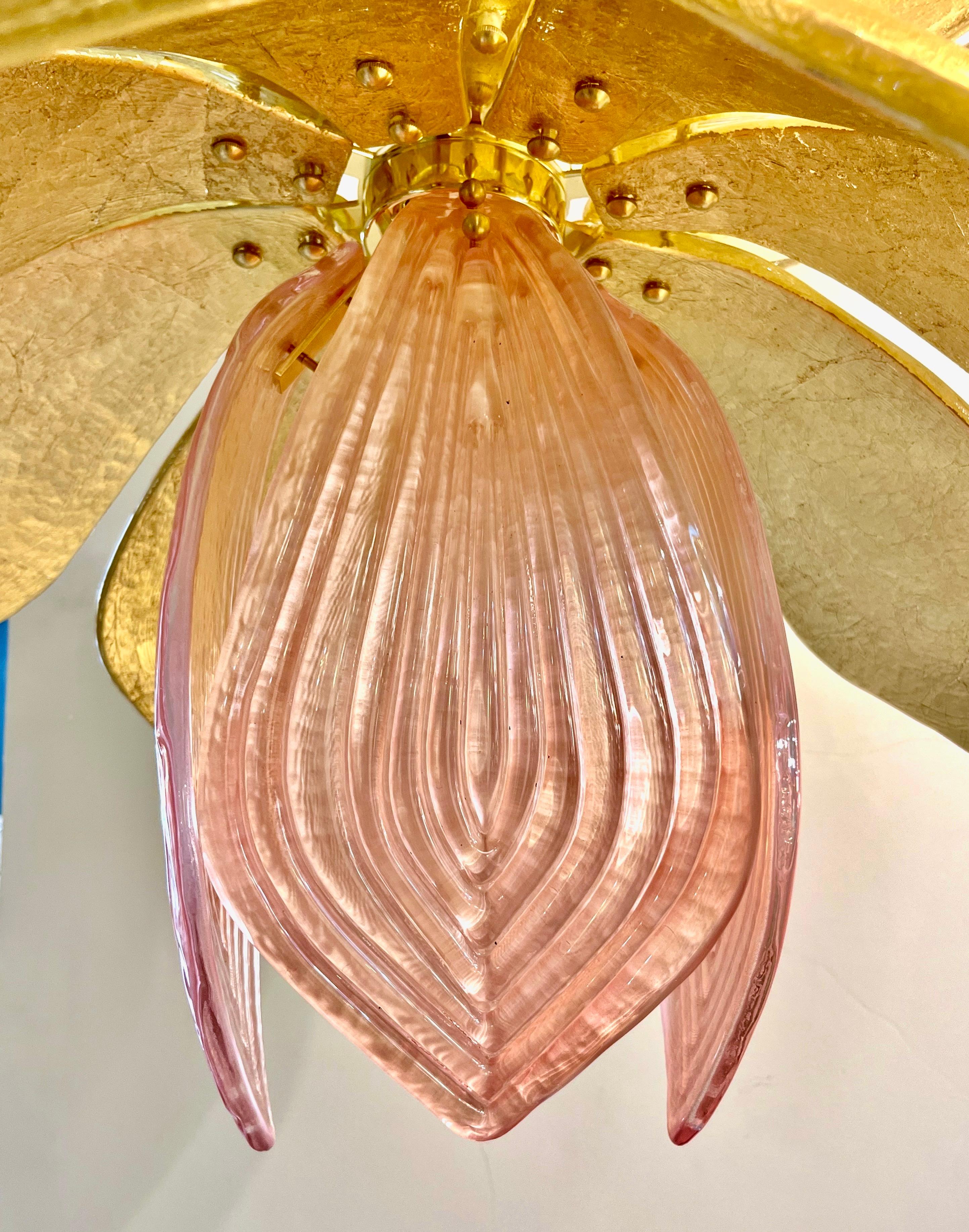 Contemporary Pair of Italian Pink Gold Murano Glass Brass Flower Chandeliers In New Condition For Sale In New York, NY