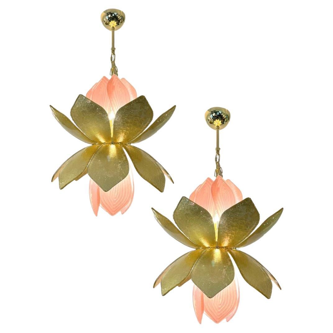 Contemporary Pair of Italian Pink Gold Murano Glass Brass Flower Chandeliers