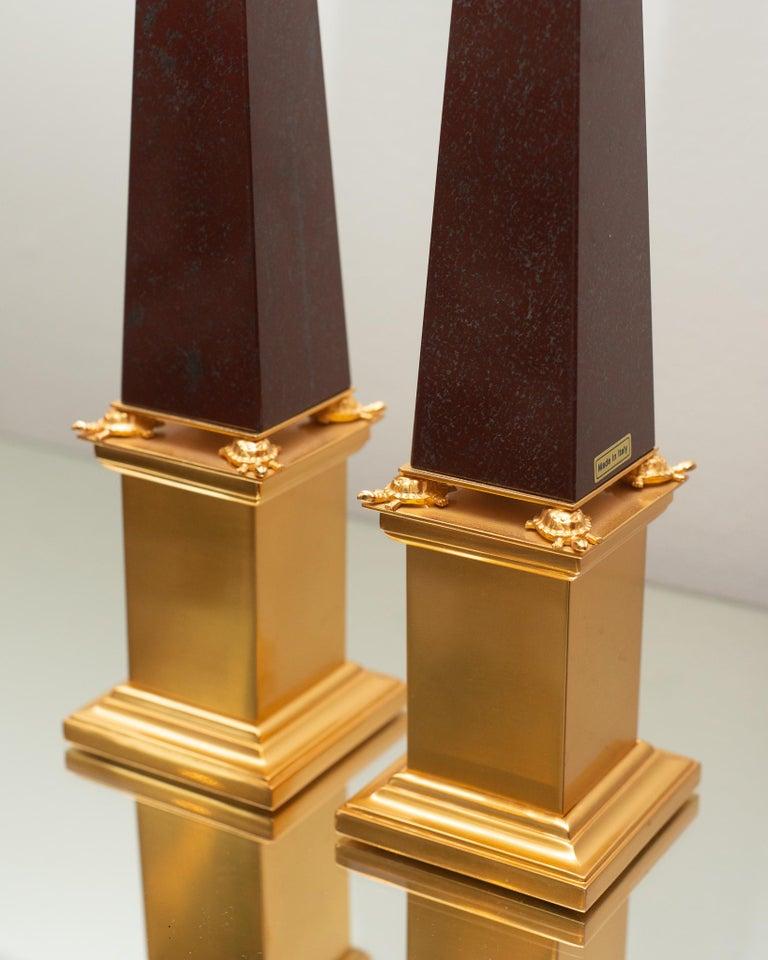 Contemporary Pair of Italian Red Marble and Bronze Obelisks For Sale 1