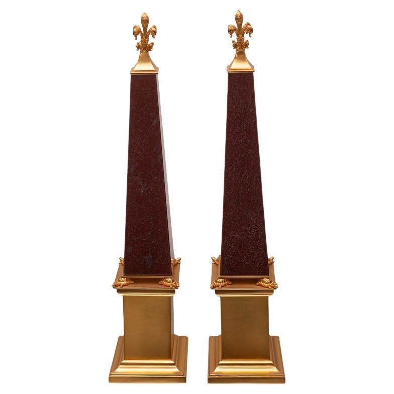 Contemporary Pair of Italian Red Marble and Bronze Obelisks For Sale