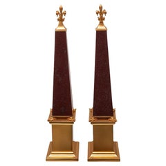 Contemporary Pair of Italian Red Marble and Bronze Obelisks