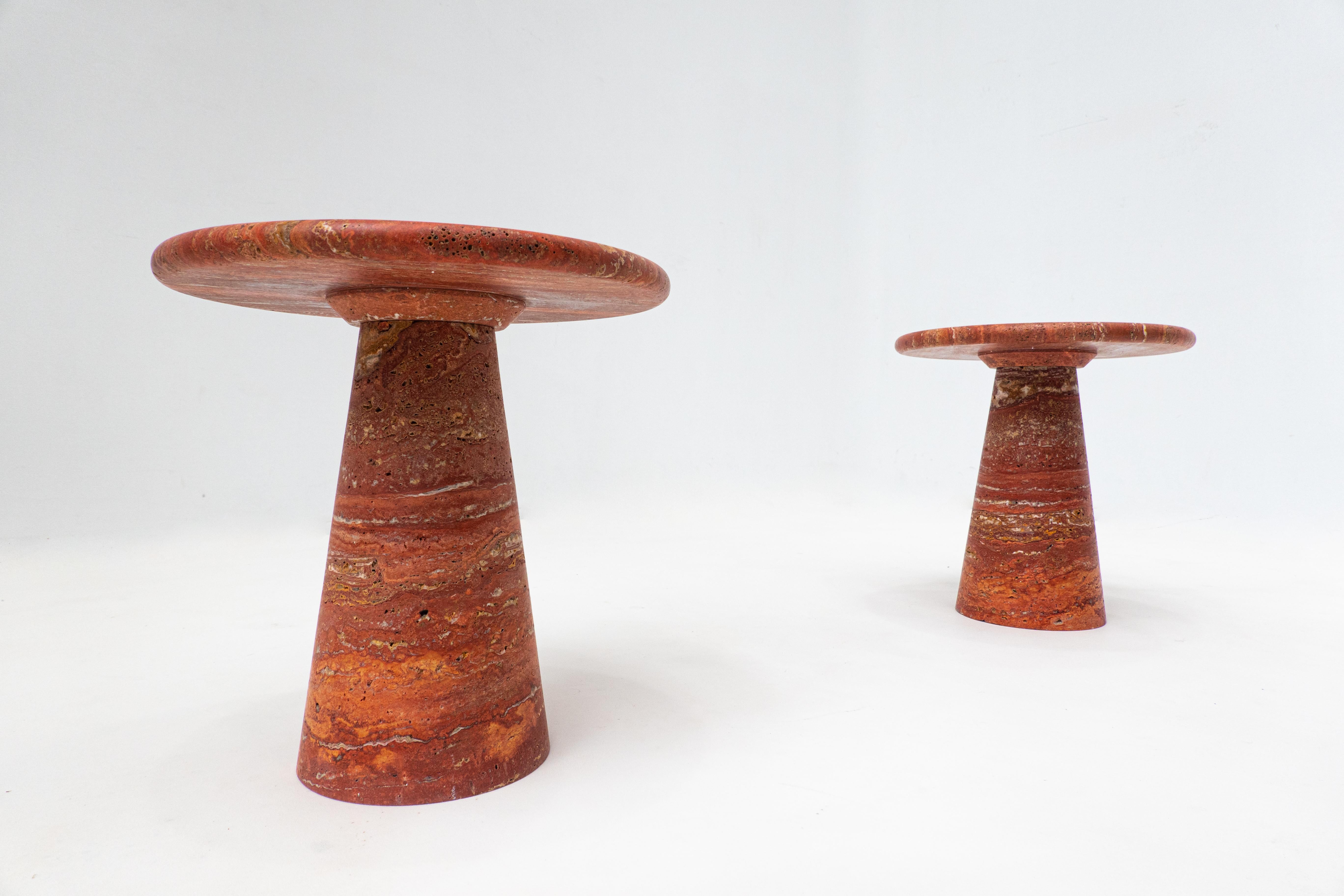 Contemporary Pair of Italian Red Travertine Side Tables 2
