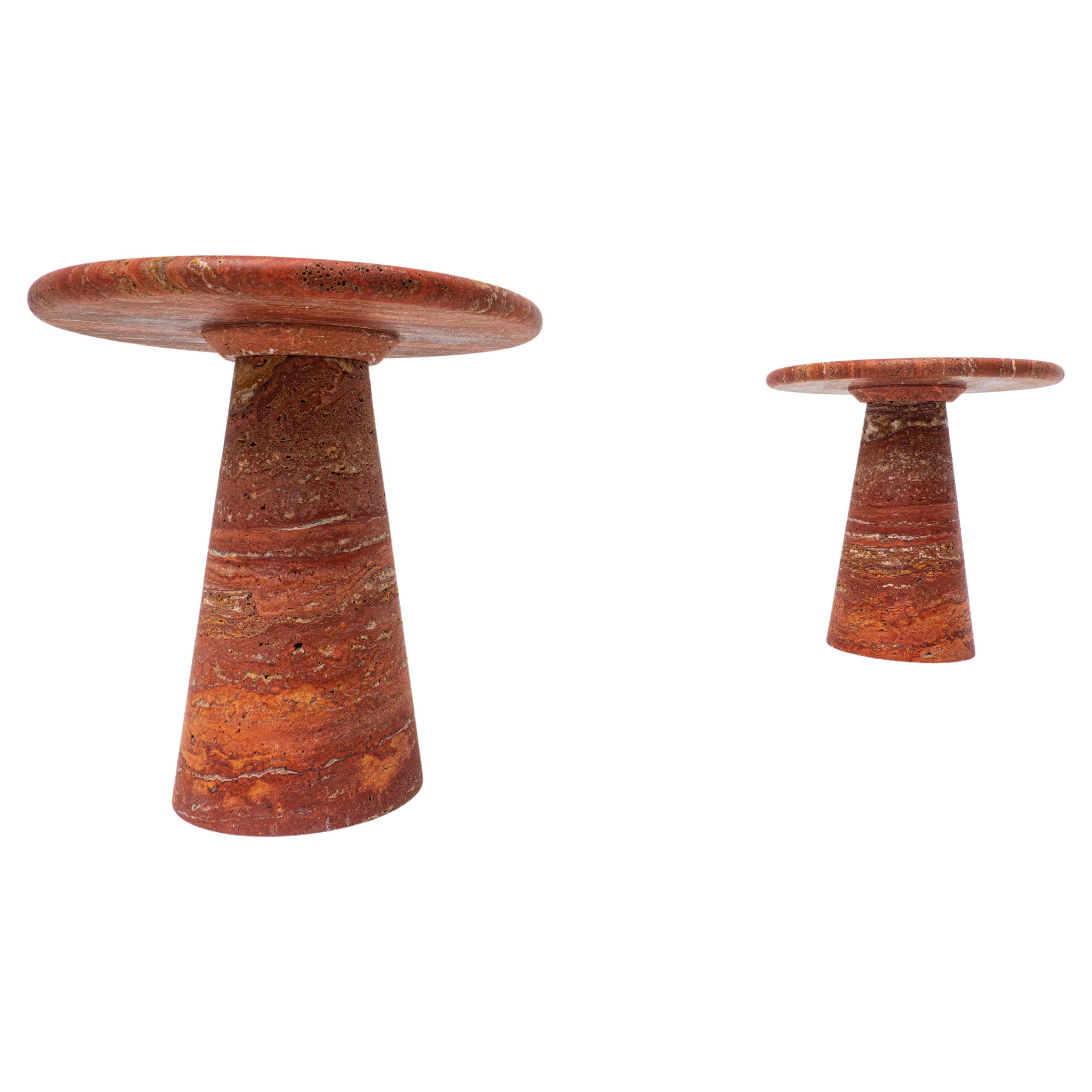 Contemporary Pair of Italian Red Travertine Side Tables