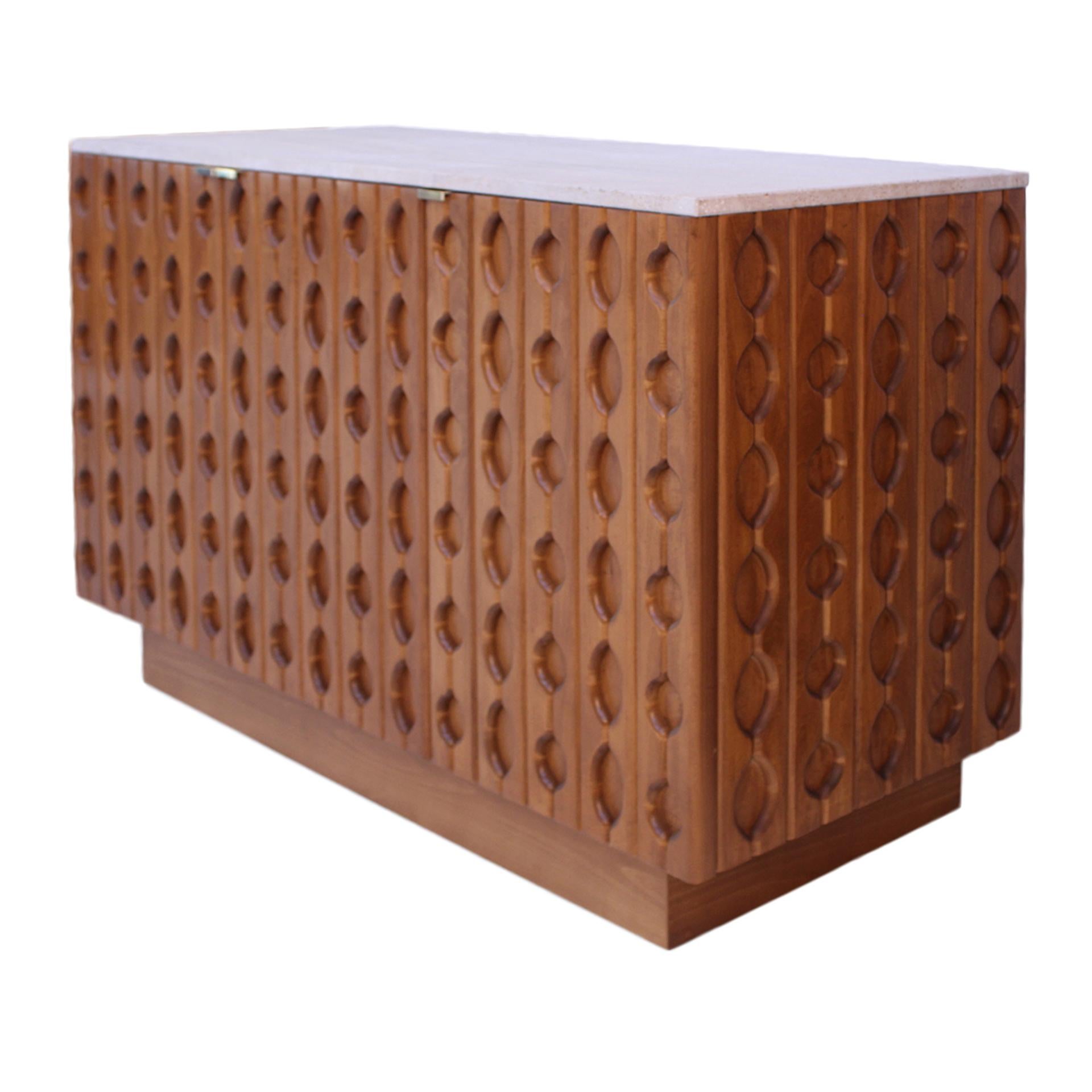 Contemporary pair of Italian Sideboard Made of Solid Wood and Travertine In Good Condition In Madrid, ES