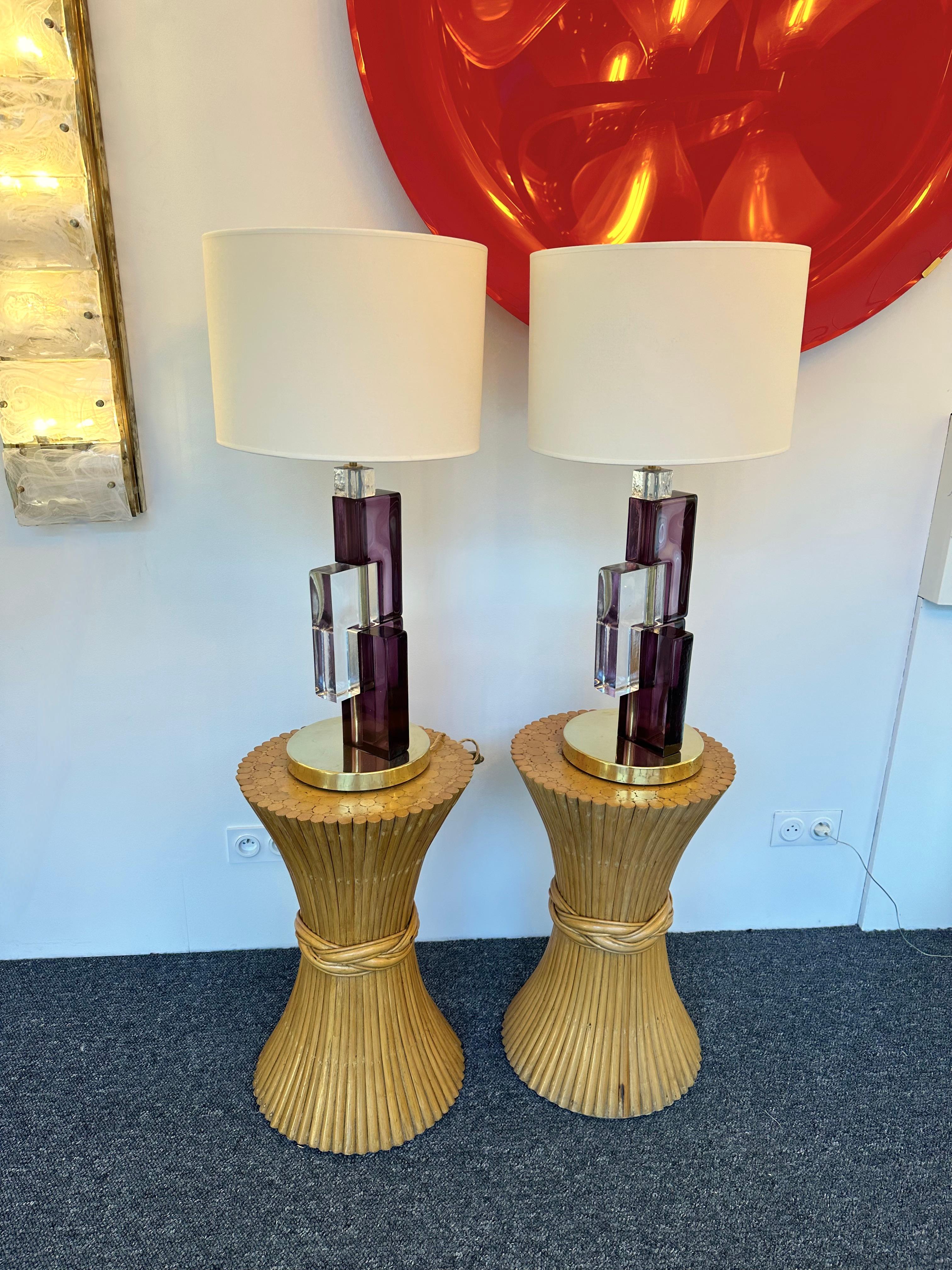 Contemporary Pair of Lamps Amethyst Cubic Murano Glass and Brass, Italy For Sale 7