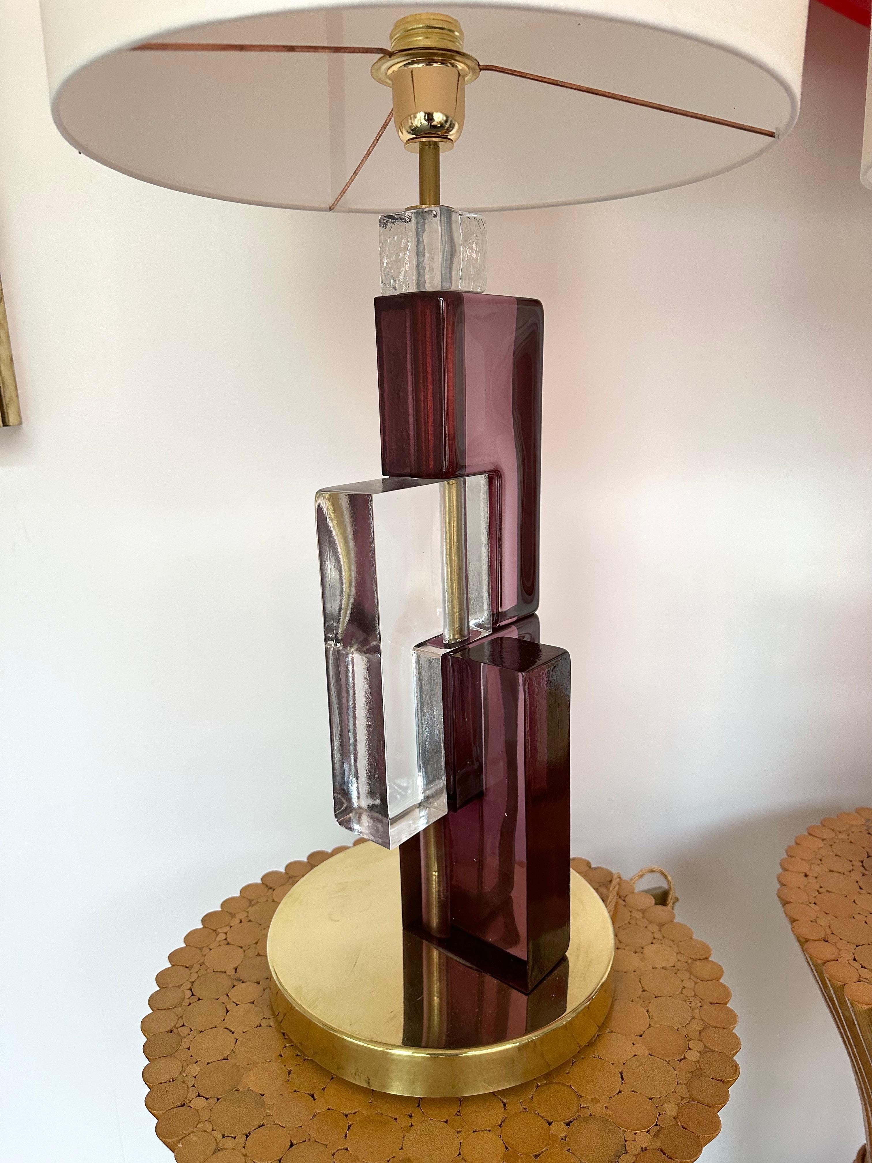 Pair of contemporary table or bedside lamps cubic pressed amethyst and clear Murano glass block and brass base. Few exclusive production. In the style of Mazzega, Veronese, Poliarte, Venini, Vistosi, Carlo Aldo Nason, Toni Zuccheri for