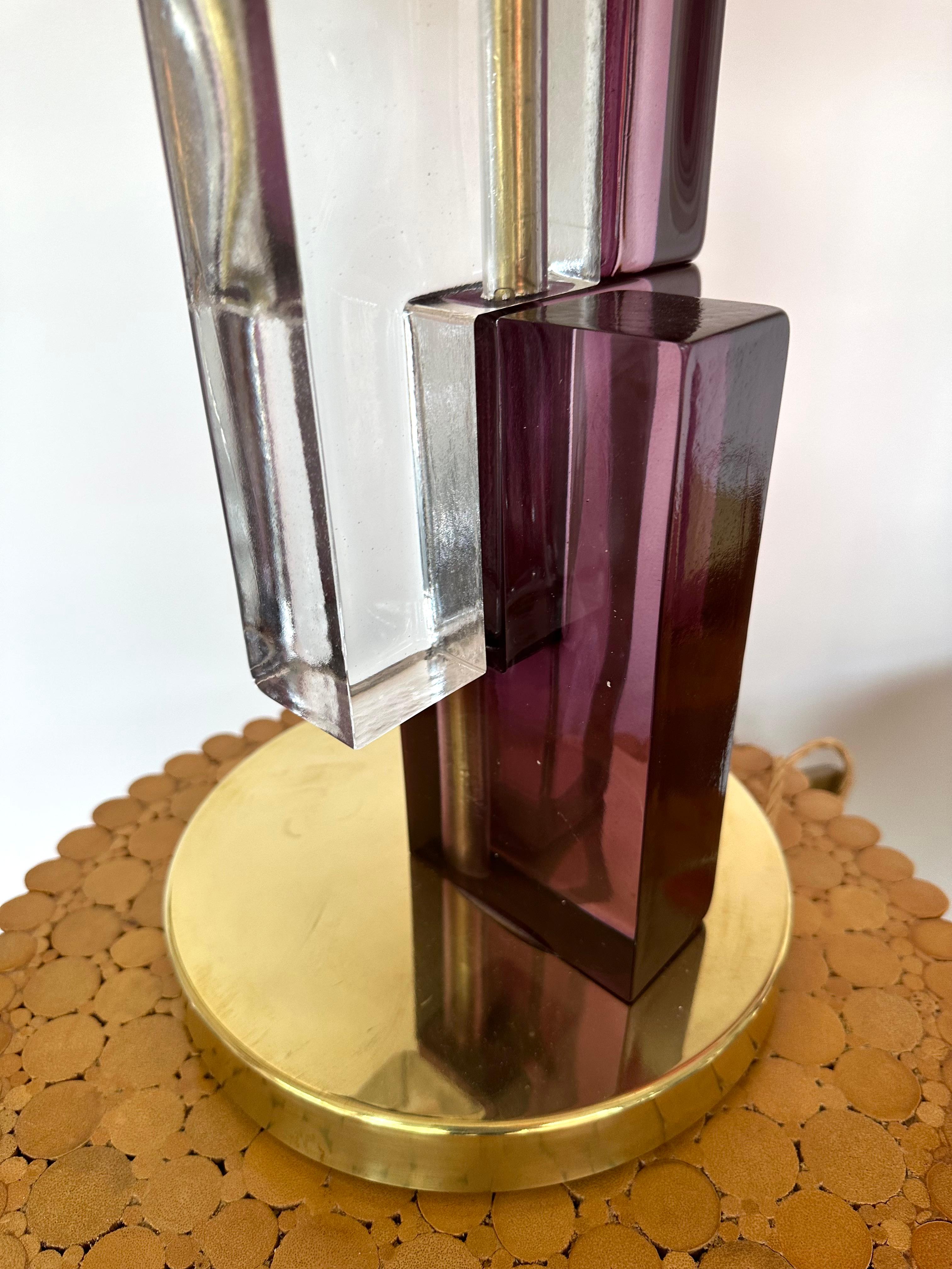 Mid-Century Modern Contemporary Pair of Lamps Amethyst Cubic Murano Glass and Brass, Italy For Sale