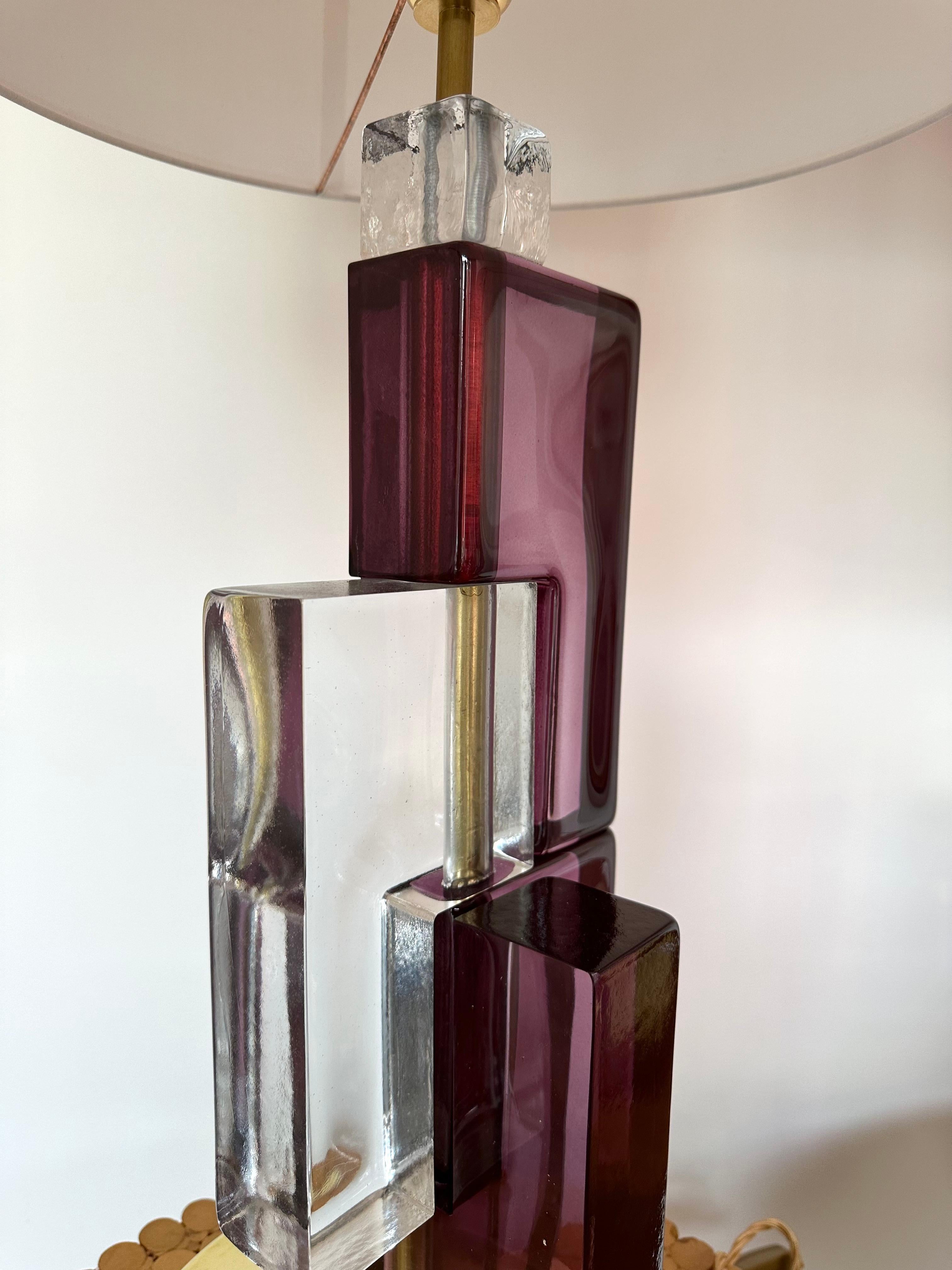 Italian Contemporary Pair of Lamps Amethyst Cubic Murano Glass and Brass, Italy For Sale