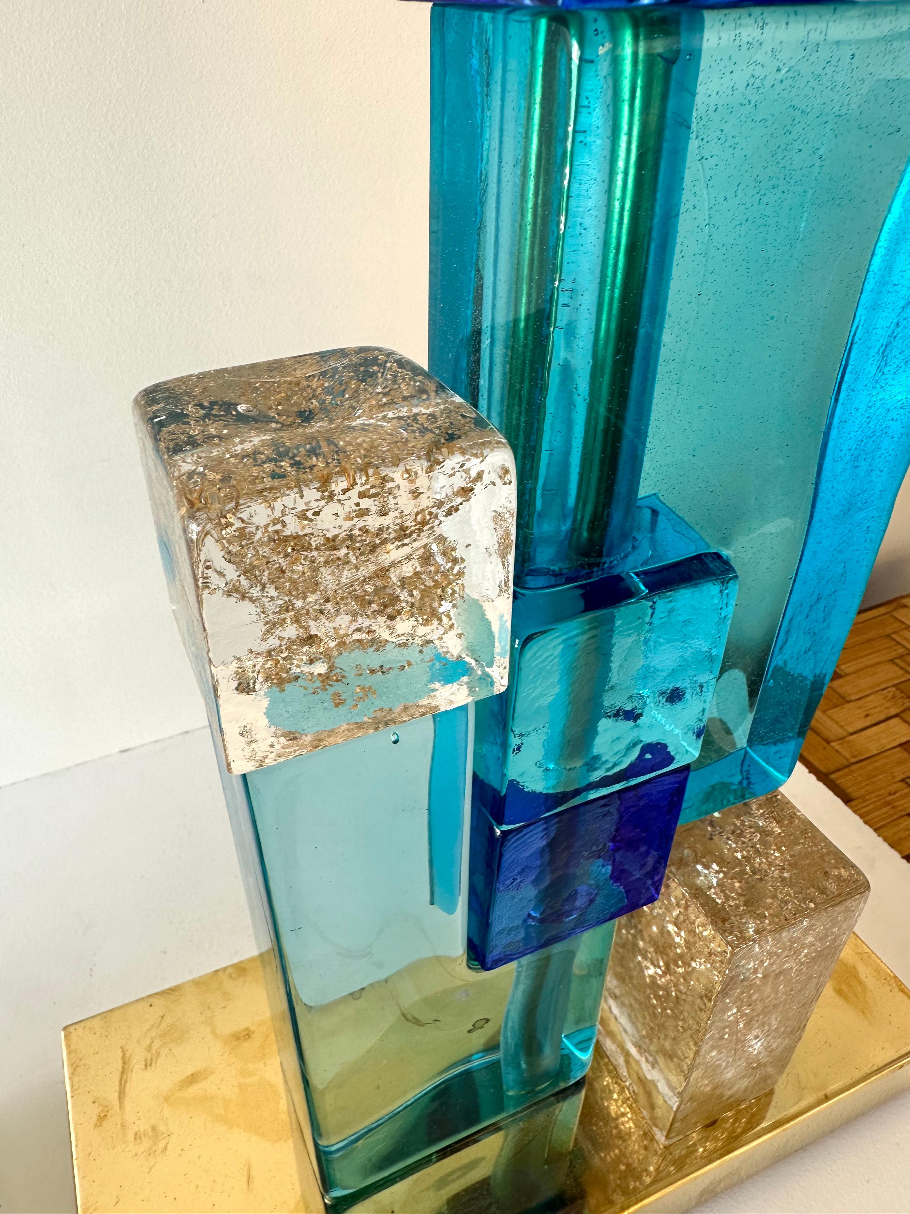 Contemporary Pair of Lamps Blue Gold Powder Cubic Murano Glass and Brass, Italy For Sale 5