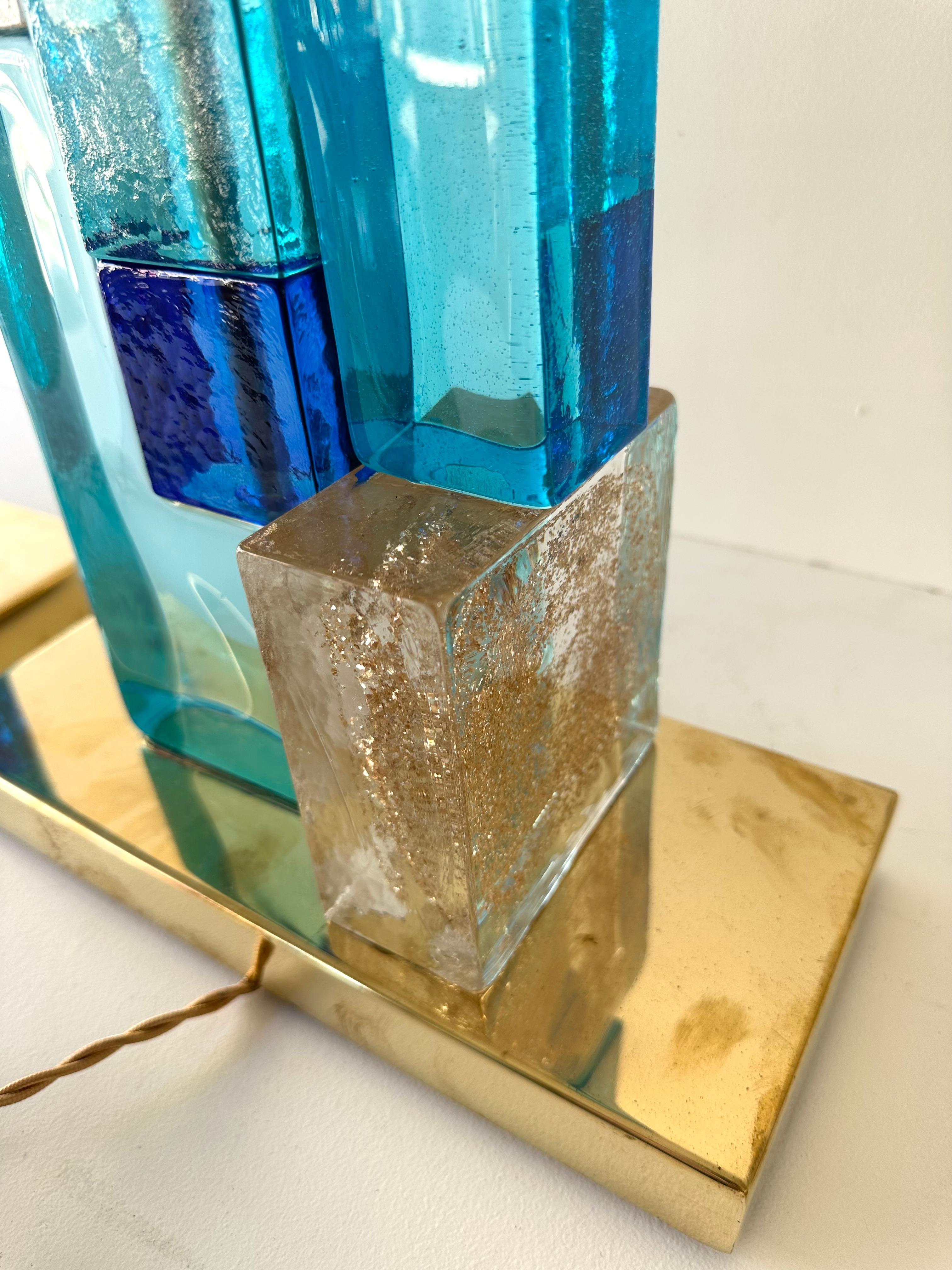 Contemporary Pair of Lamps Blue Gold Powder Cubic Murano Glass and Brass, Italy For Sale 6
