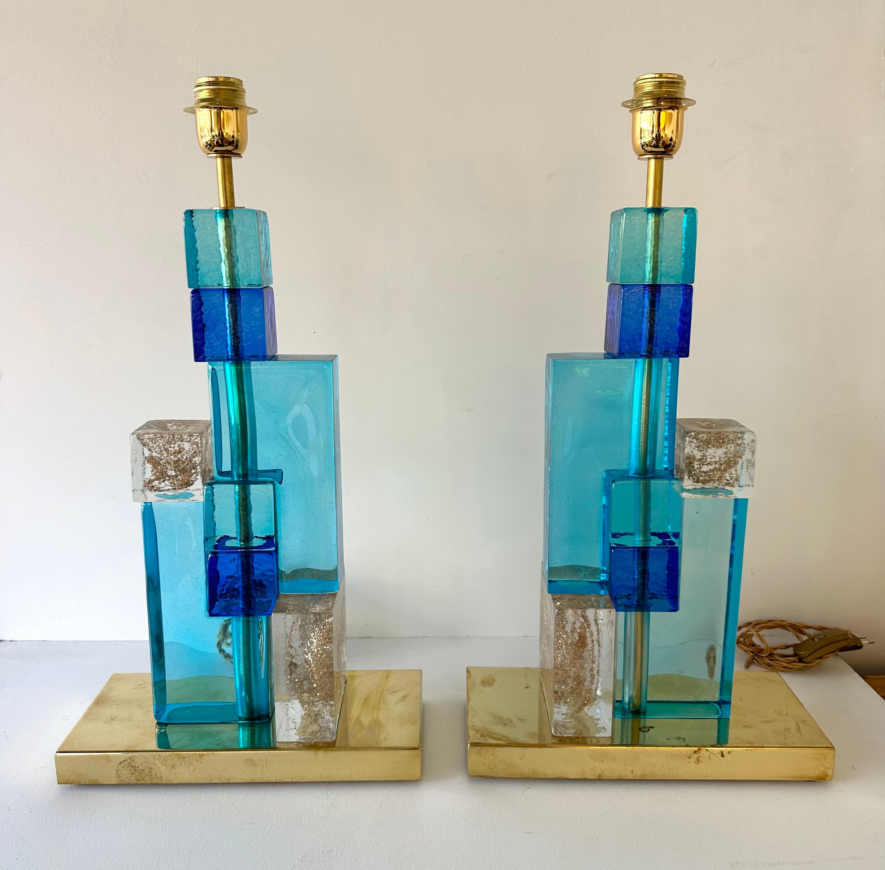 Pressed Contemporary Pair of Lamps Blue Gold Powder Cubic Murano Glass and Brass, Italy For Sale