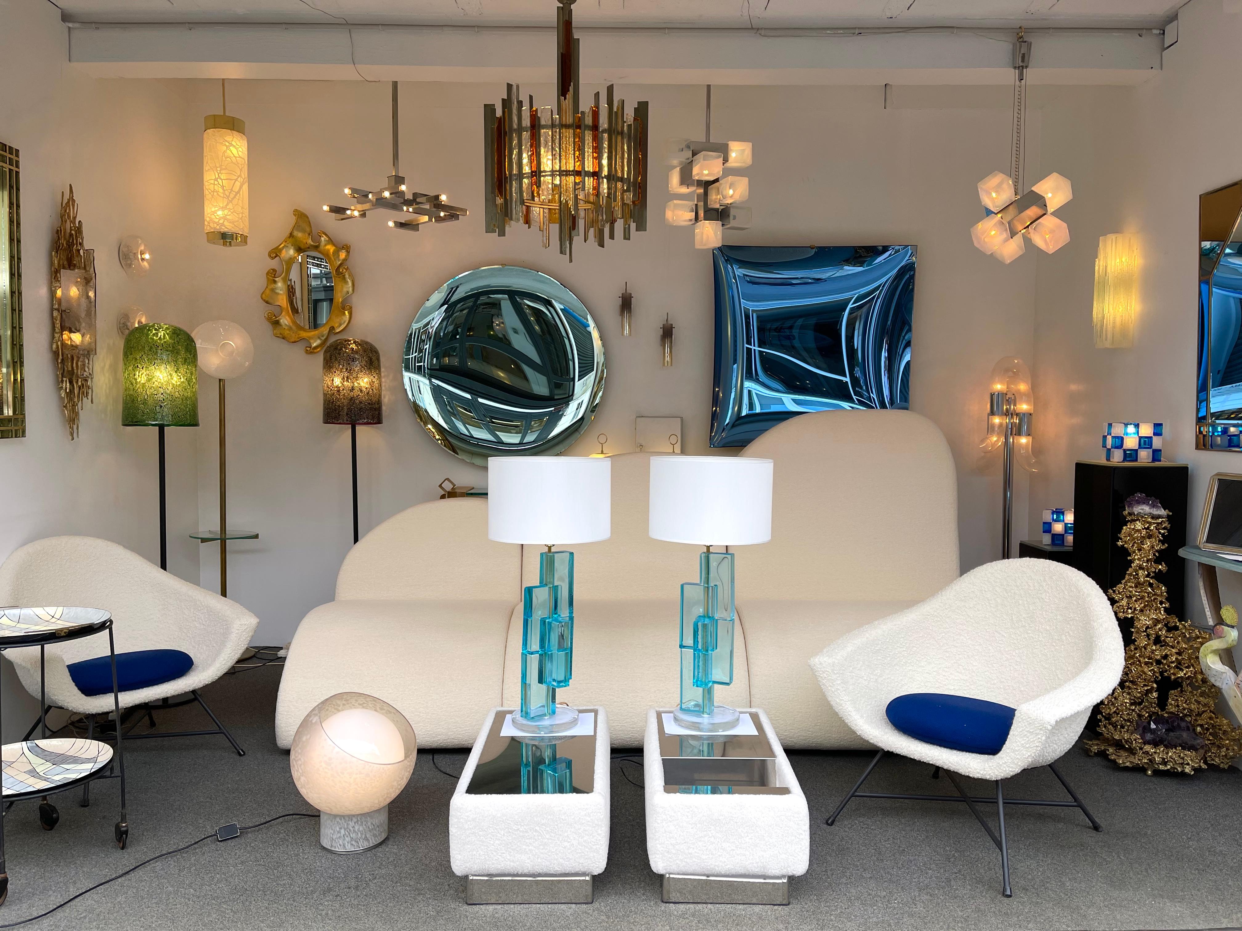 Huge pair of contemporary table or bedside lamps cubic pressed blue lagoon Murano glass block and brass elements. Few exclusive production. In the style of Mazzega, Veronese, Poliarte, Venini, Vistosi, Carlo Aldo Nason, Toni Zuccheri for