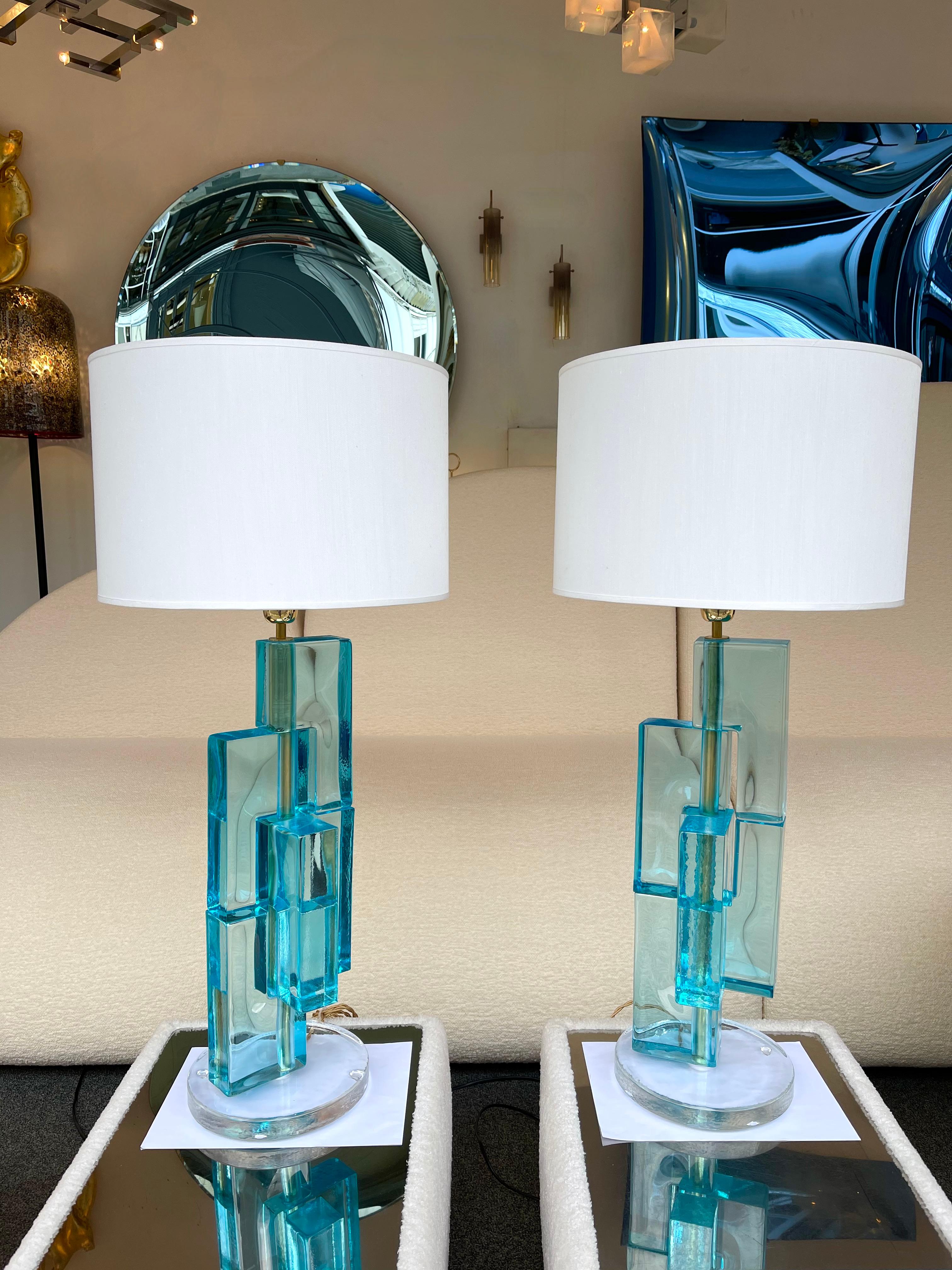 Mid-Century Modern Contemporary Pair of Lamps Blue Lagoon Cubic Murano Glass and Brass, Italy