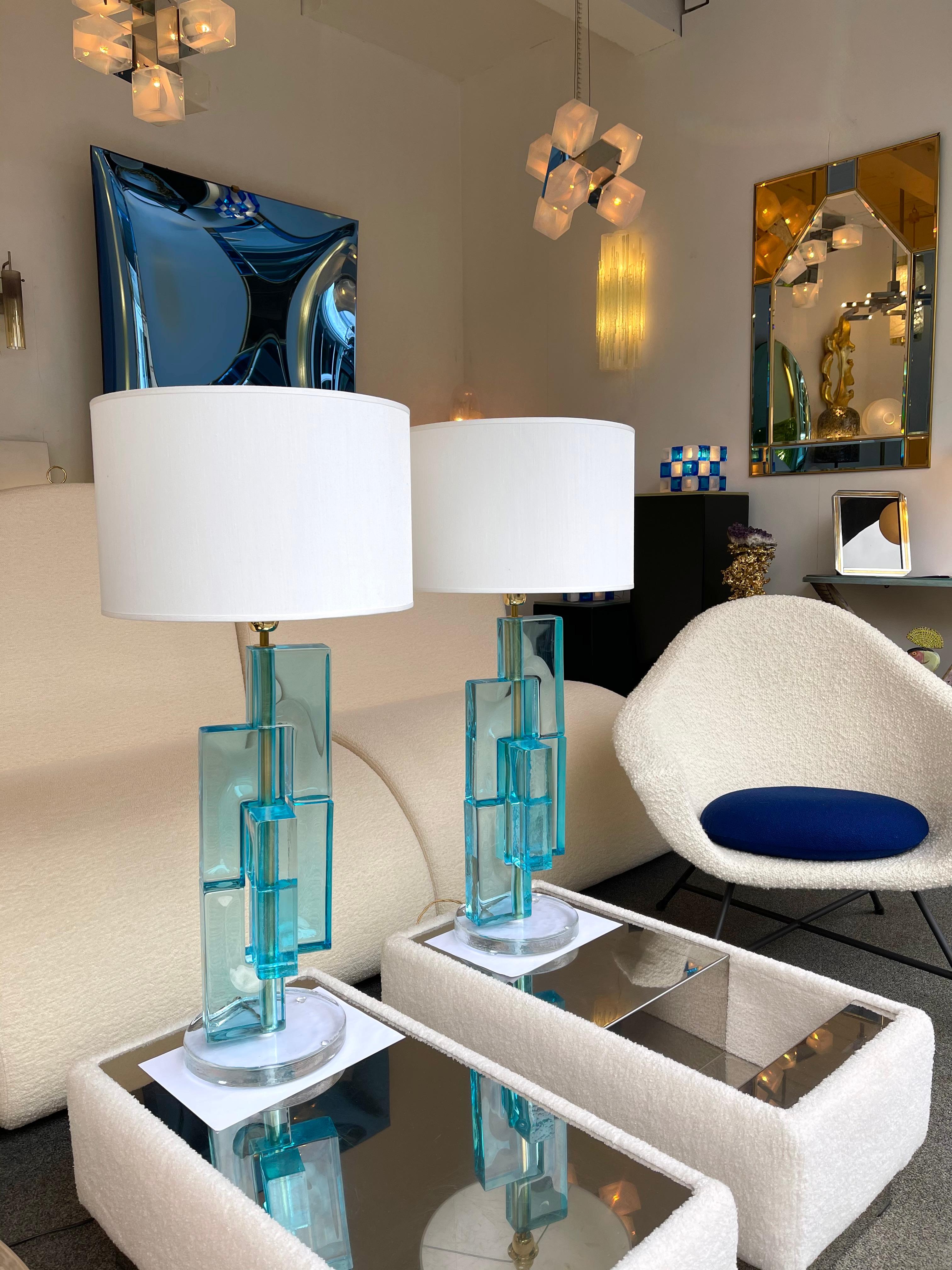 Italian Contemporary Pair of Lamps Blue Lagoon Cubic Murano Glass and Brass, Italy