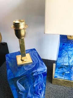 Contemporary Pair of Lamps Blue Murano Glass and Brass, Italy