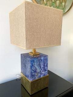 Contemporary Pair of Lamps Blue Murano Glass and Brass, Italy
