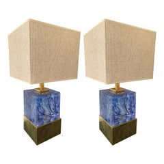 Contemporary Pair of Lamps Blue Murano Glass and Brass, Italy
