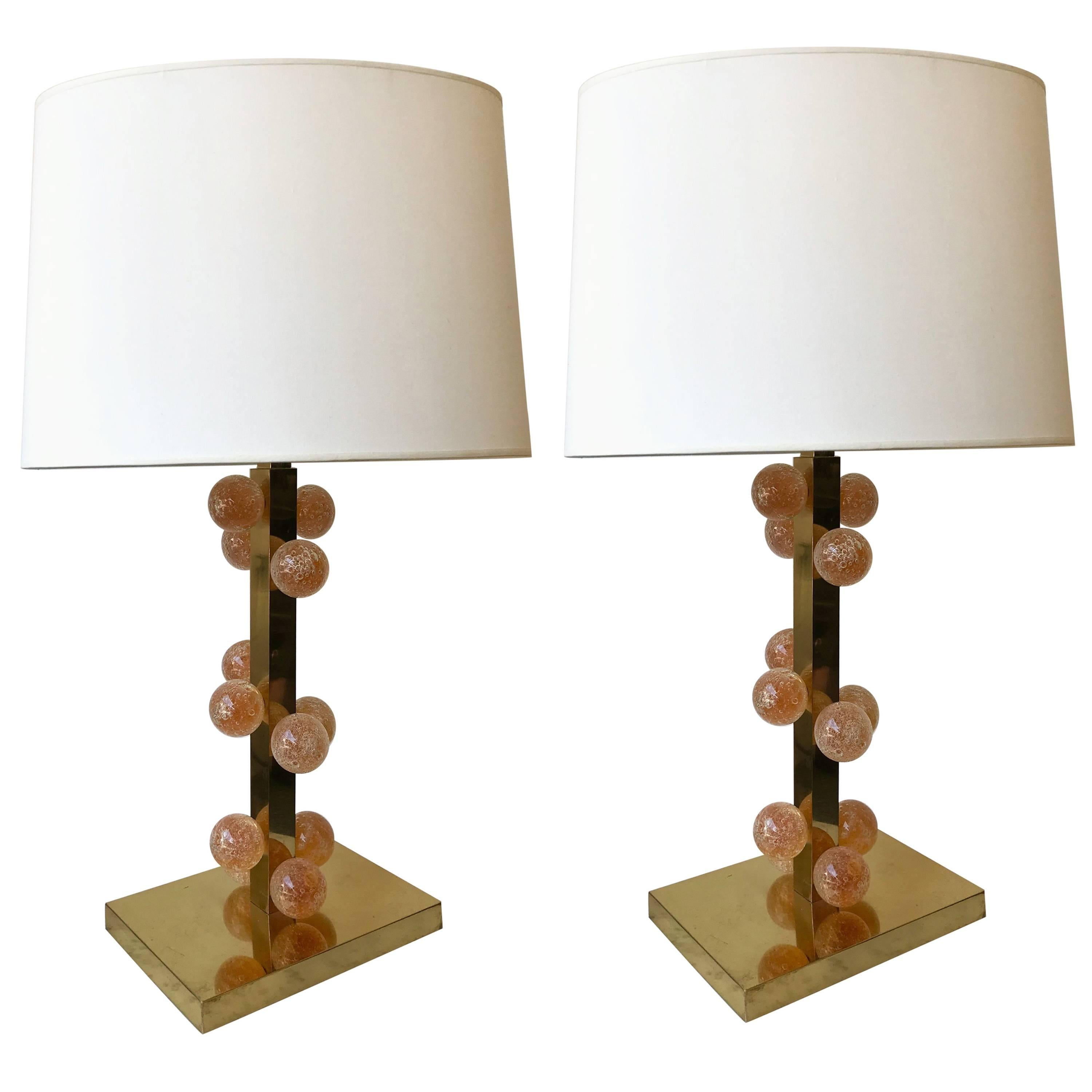 Contemporary Pair of Lamps Brass and Murano Glass Ball, Italy
