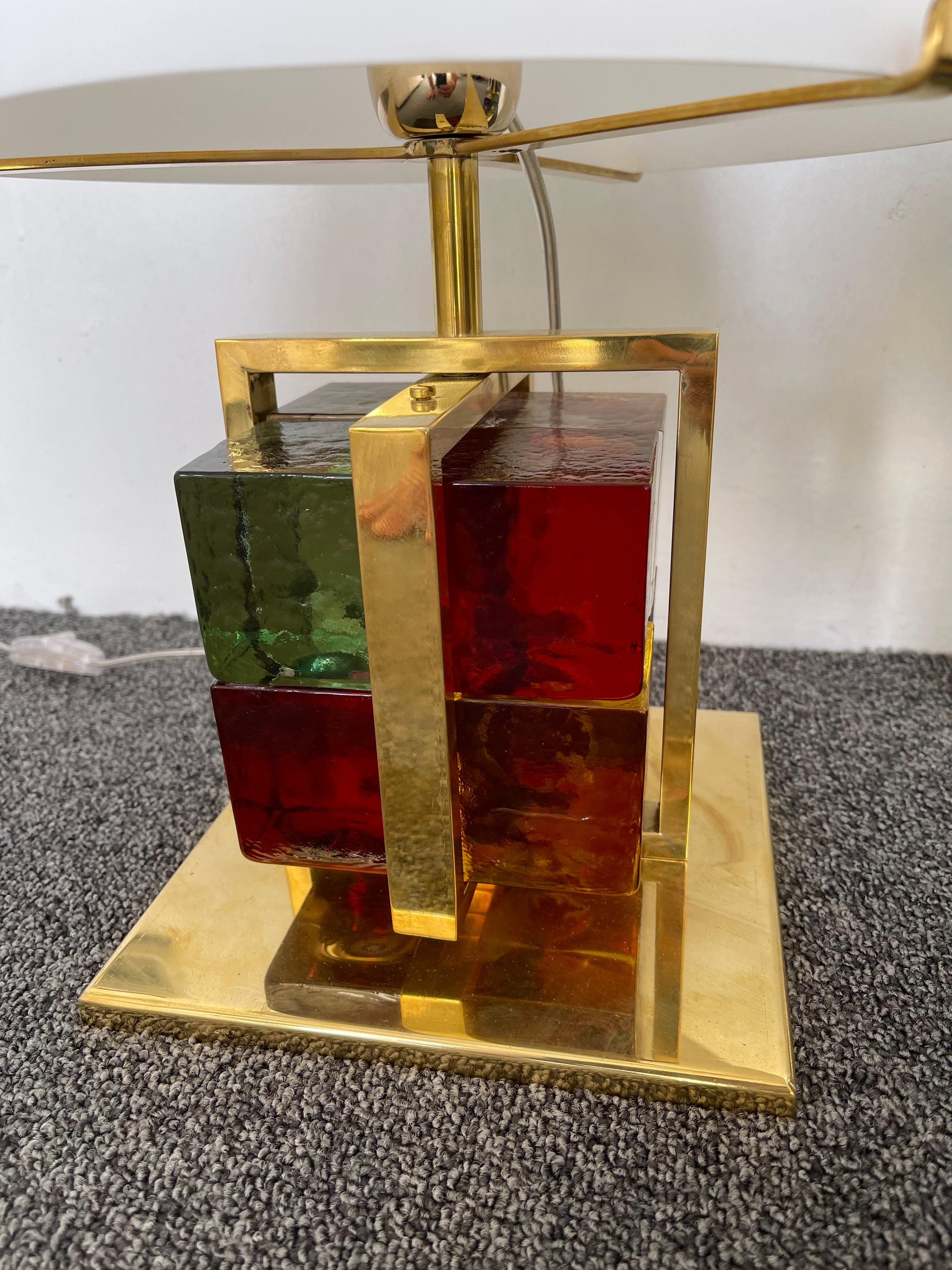 Contemporary Pair of Lamps Brass Cage Murano Glass Cube, Italy For Sale 4