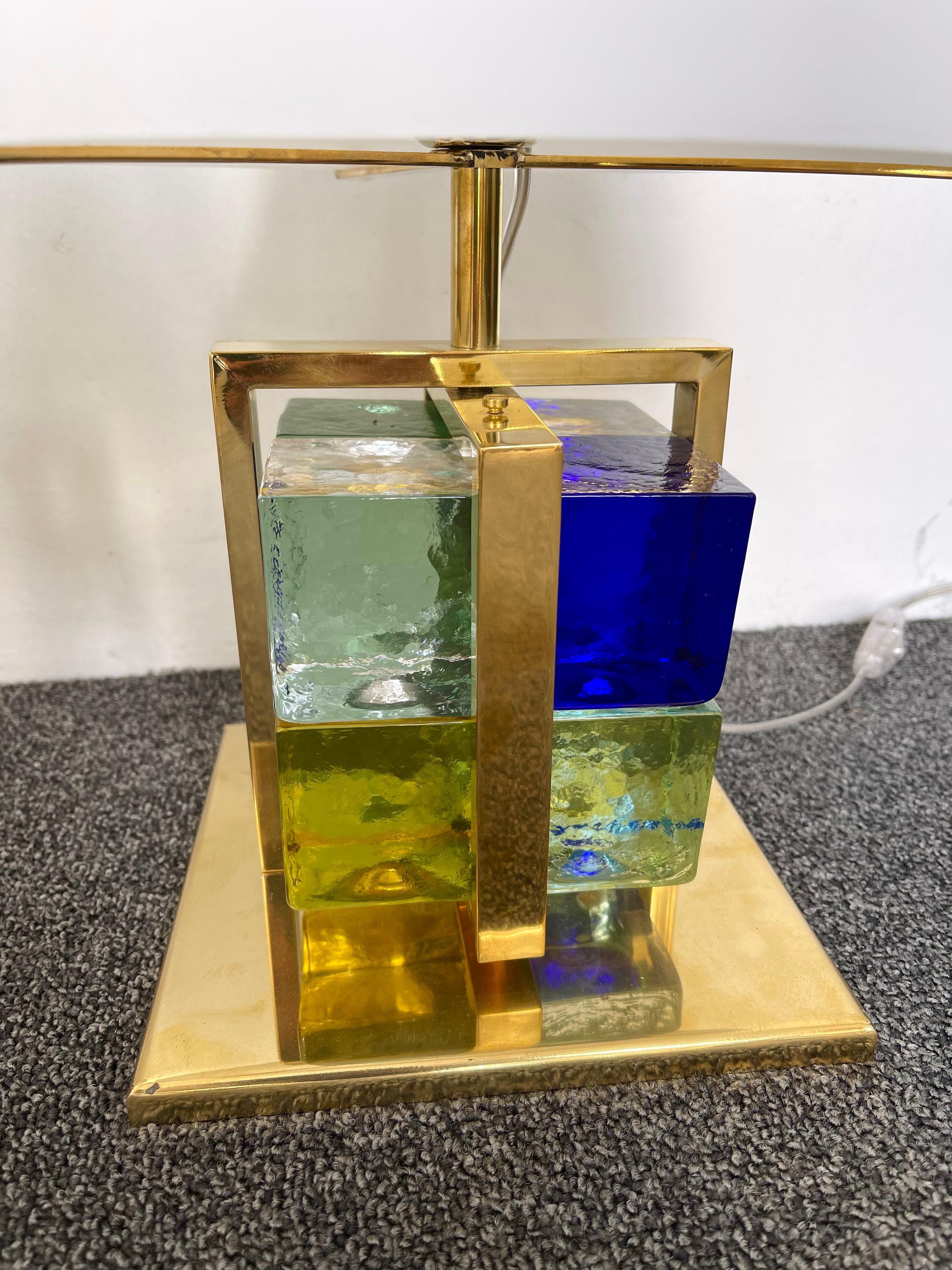 Contemporary Pair of Lamps Brass Cage Murano Glass Cube, Italy For Sale 5