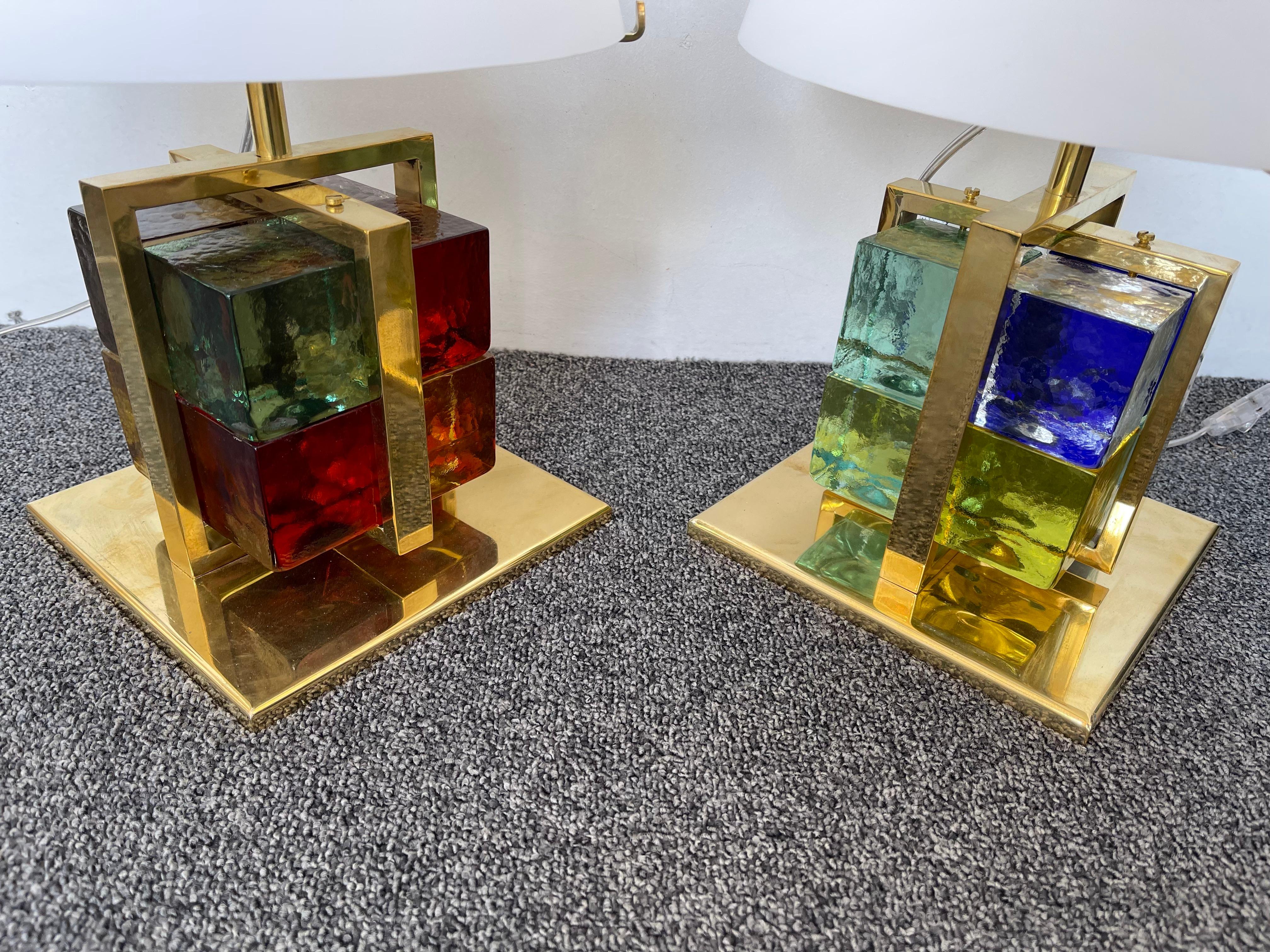 Contemporary Pair of Lamps Brass Cage Murano Glass Cube, Italy For Sale 6