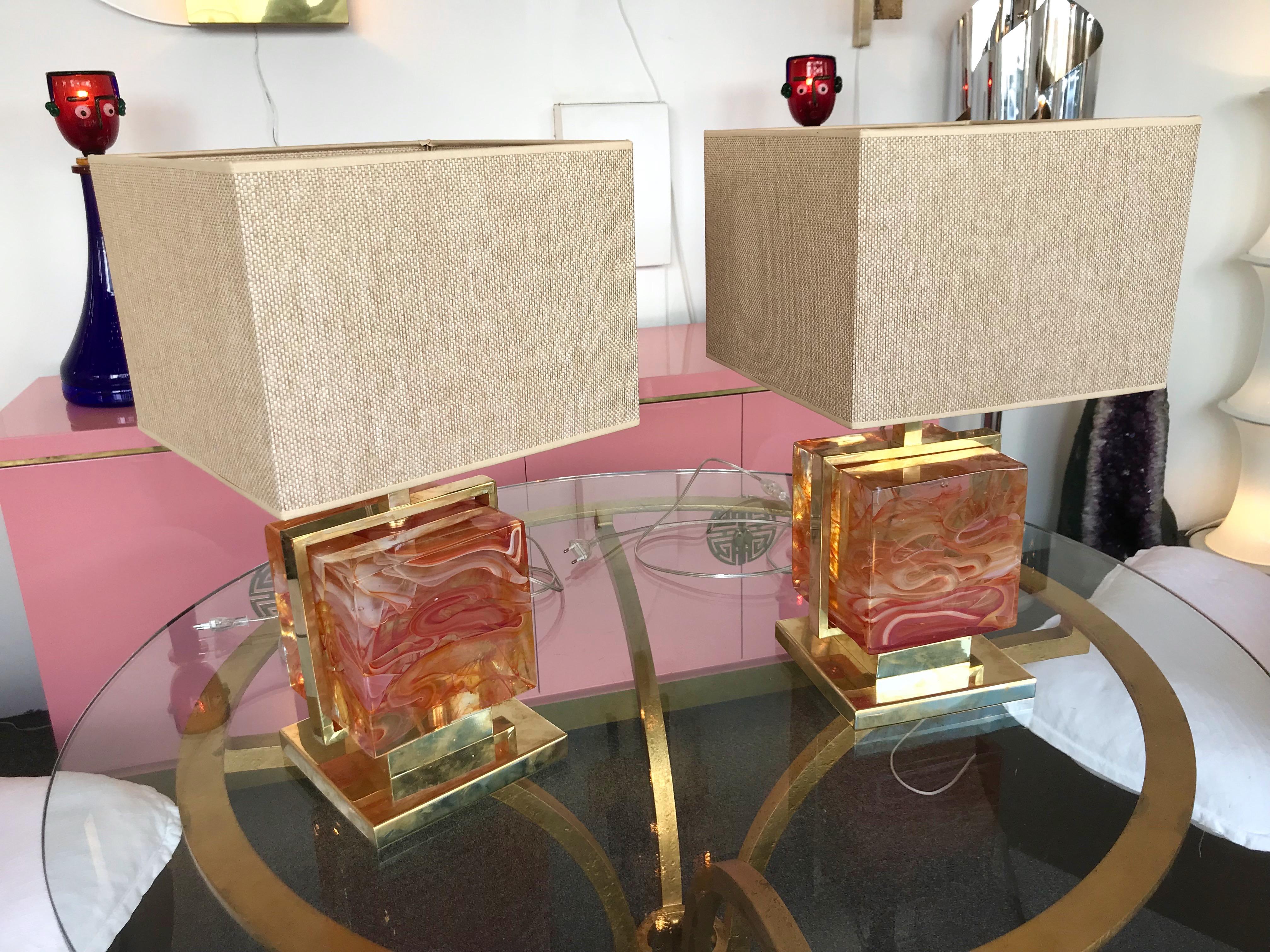 Contemporary Pair of Lamps Brass Cage Murano Glass Cube, Italy 8