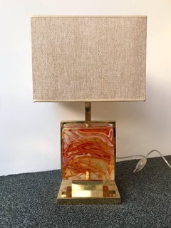 Contemporary Pair of Lamps Brass Cage Murano Glass Cube, Italy