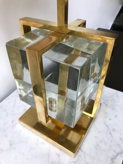 Contemporary Pair of Lamps Brass Cage Murano Glass Cube, Italy