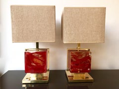 Contemporary Pair of Lamps Brass Cage Murano Glass Cube, Italy