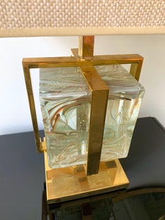 Contemporary Pair of Lamps Brass Cage Murano Glass Cube, Italy