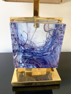 Contemporary Pair of Lamps Brass Cage Murano Glass Cube, Italy