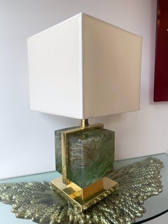 Contemporary Pair of Lamps Brass Cage Murano Glass Cube, Italy
