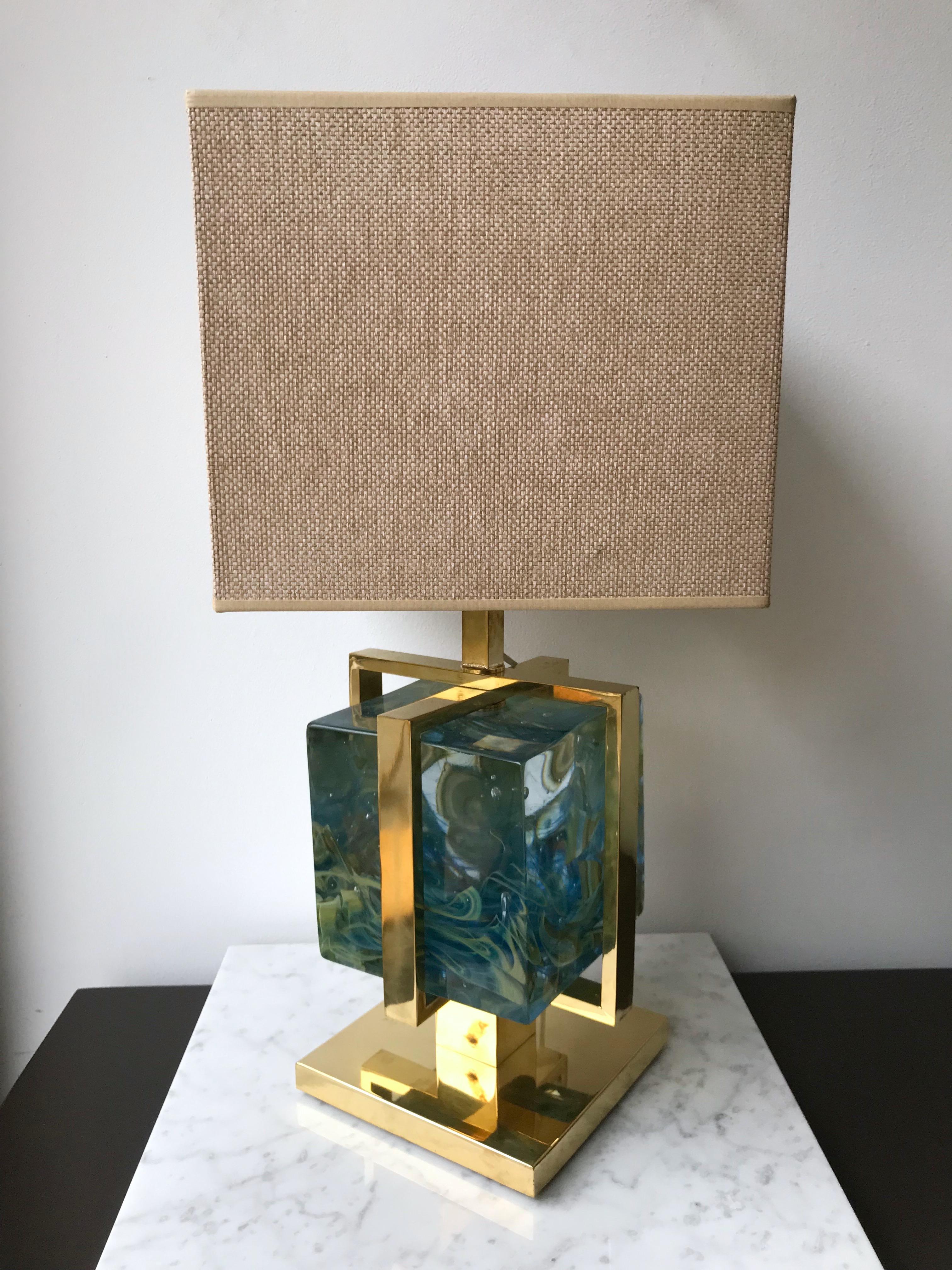 Mid-Century Modern Contemporary Pair of Lamps Brass Cage Murano Glass Cube, Italy