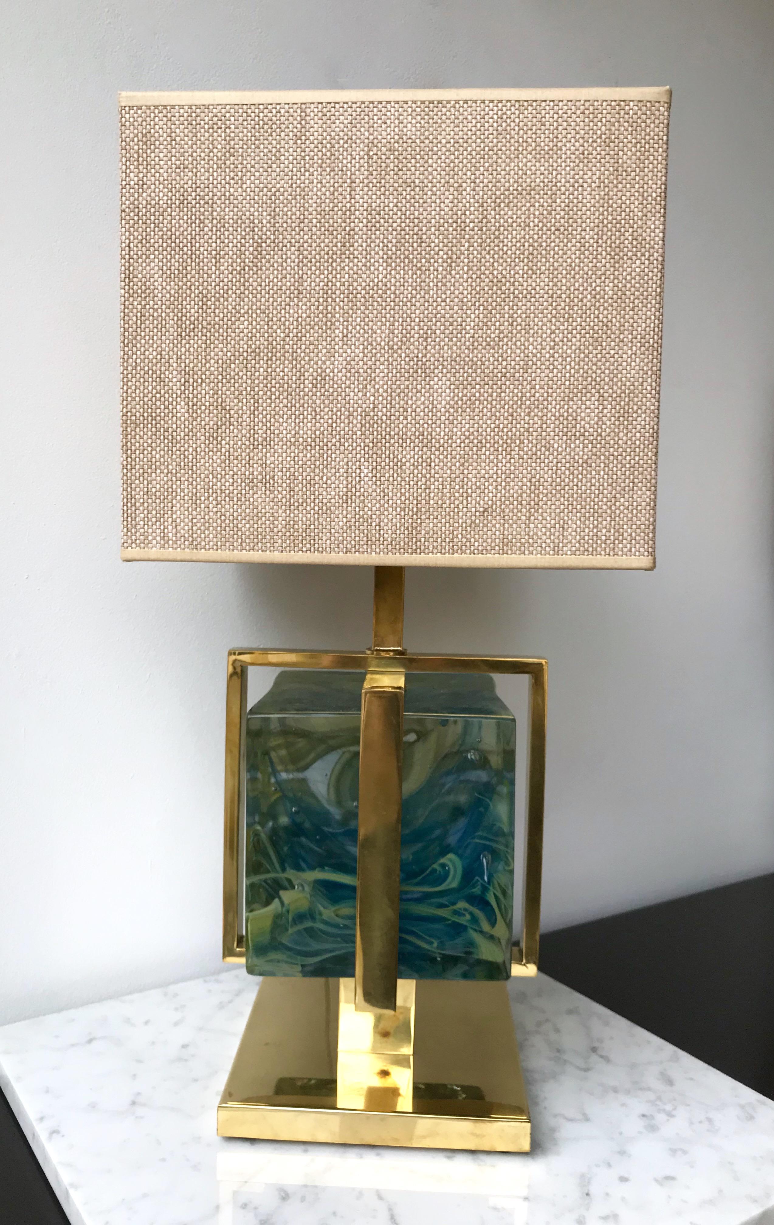 Italian Contemporary Pair of Lamps Brass Cage Murano Glass Cube, Italy